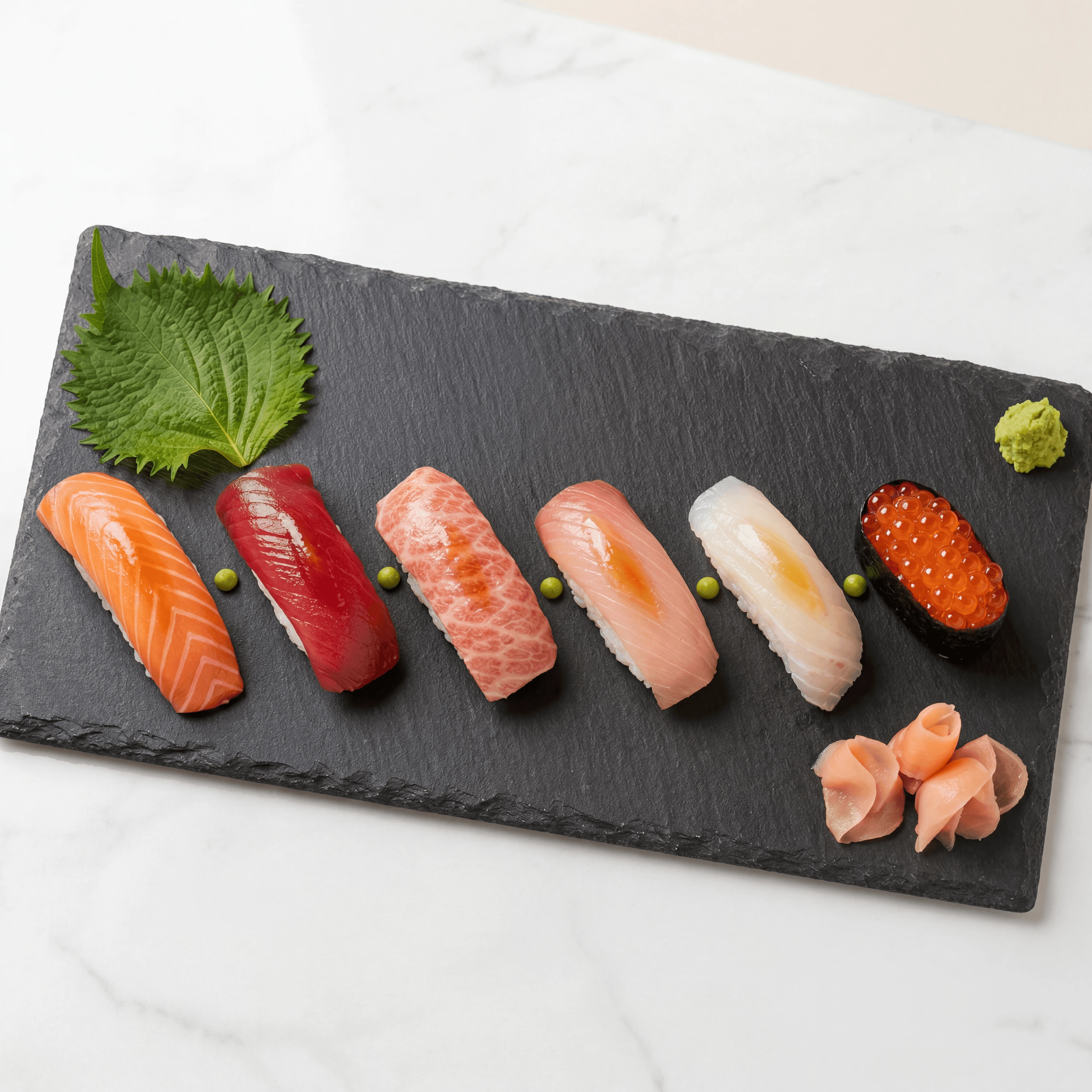 Six nigiri set assorted fish slate plate clean — nigiri set card photography