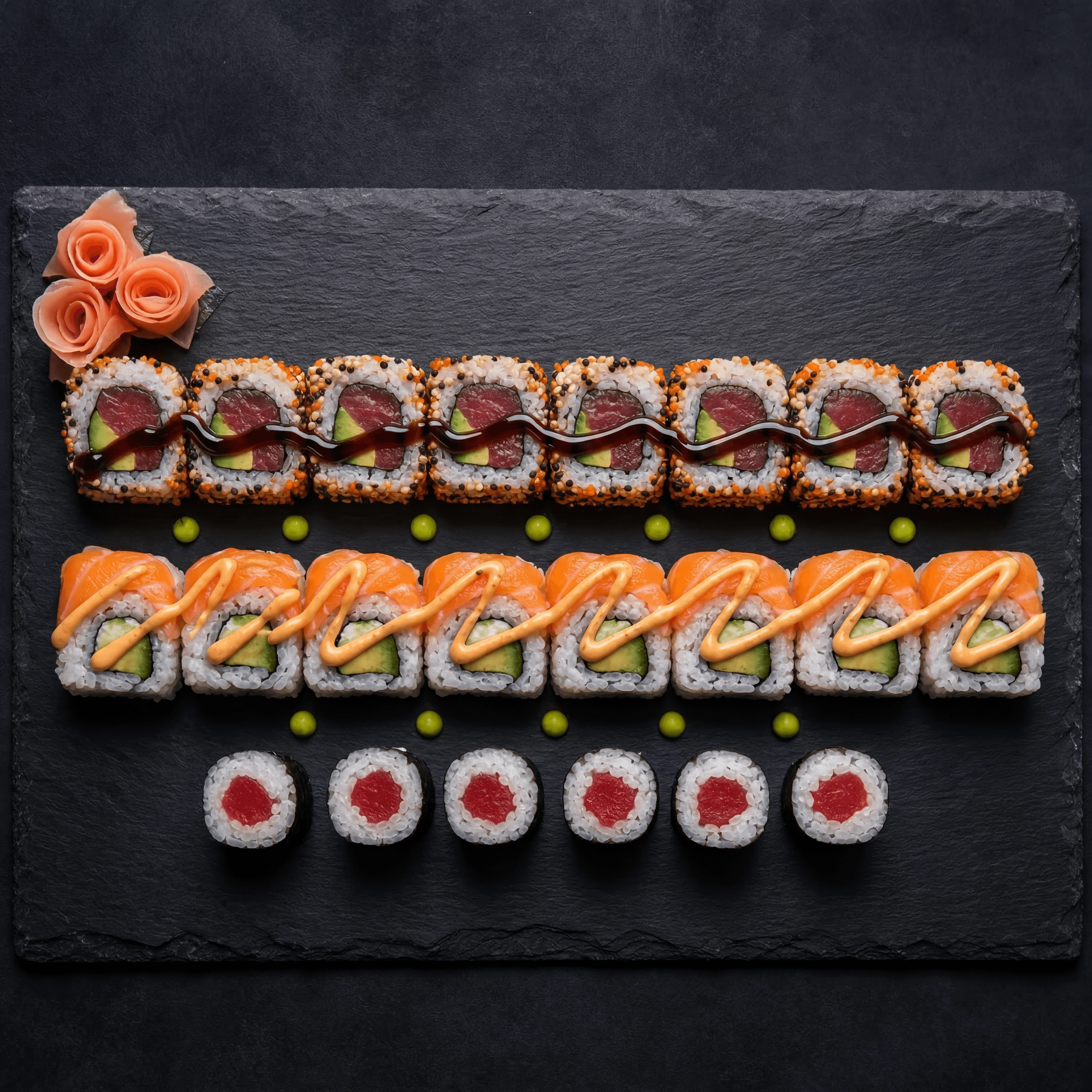 Three maki rolls cross section assorted overhead dark slate — maki cross section card photography