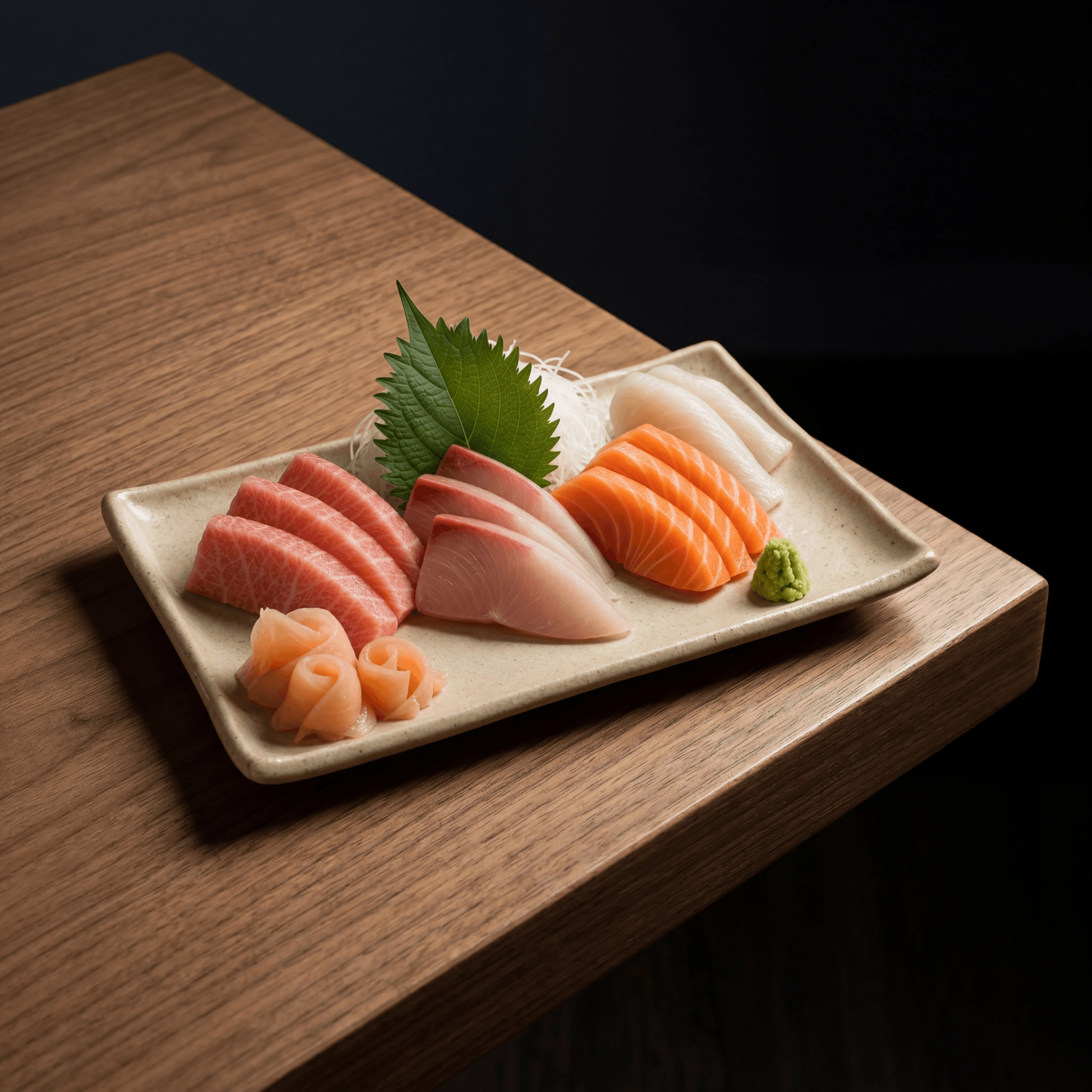 Sashimi assorted slices shiso leaf geometric arrangement plate — sashimi knife cut card photography
