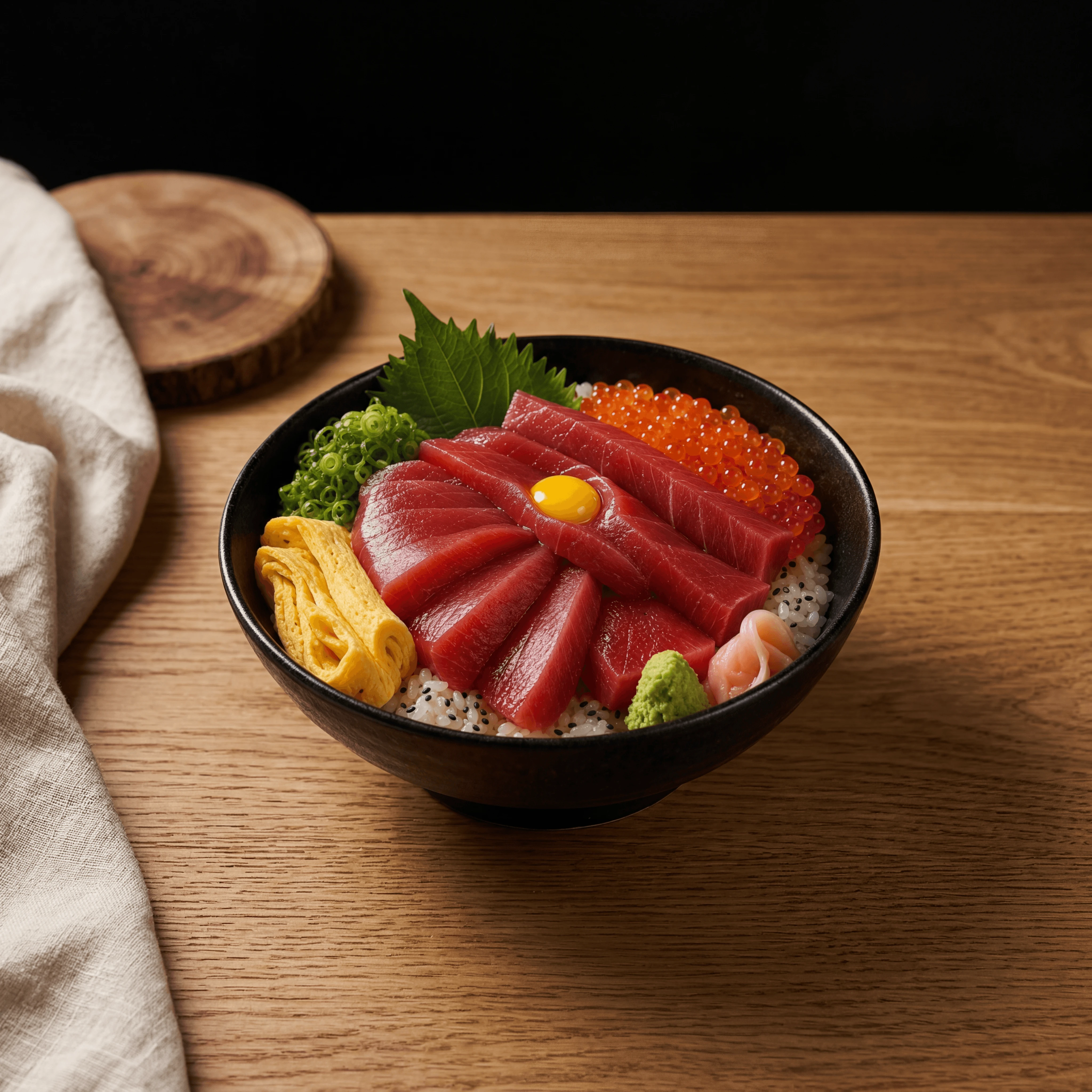 Donburi bowl tuna salmon roe wooden countertop warm — donburi card photography