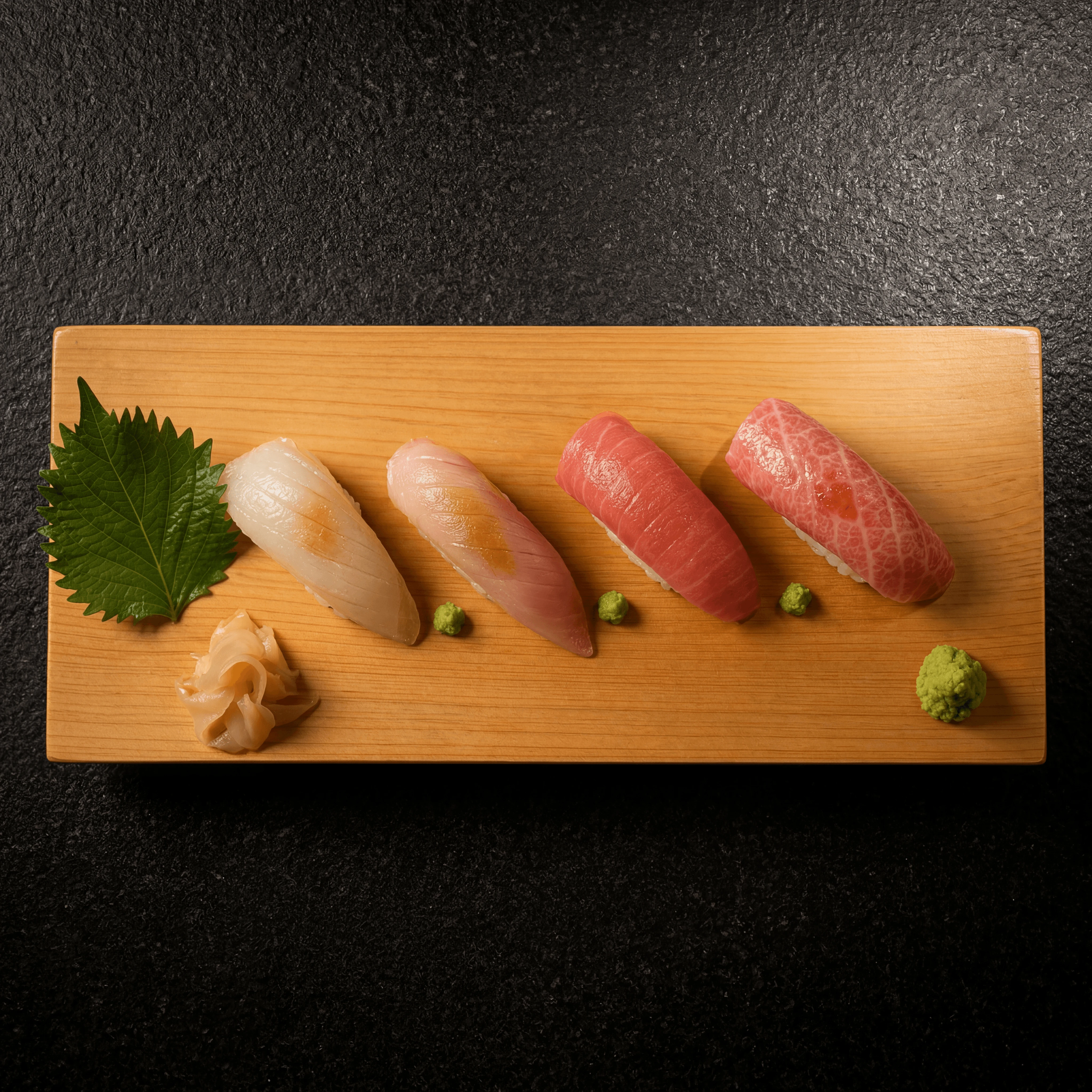 Omakase cedar board four nigiri progression chef counter — omakase board card photography