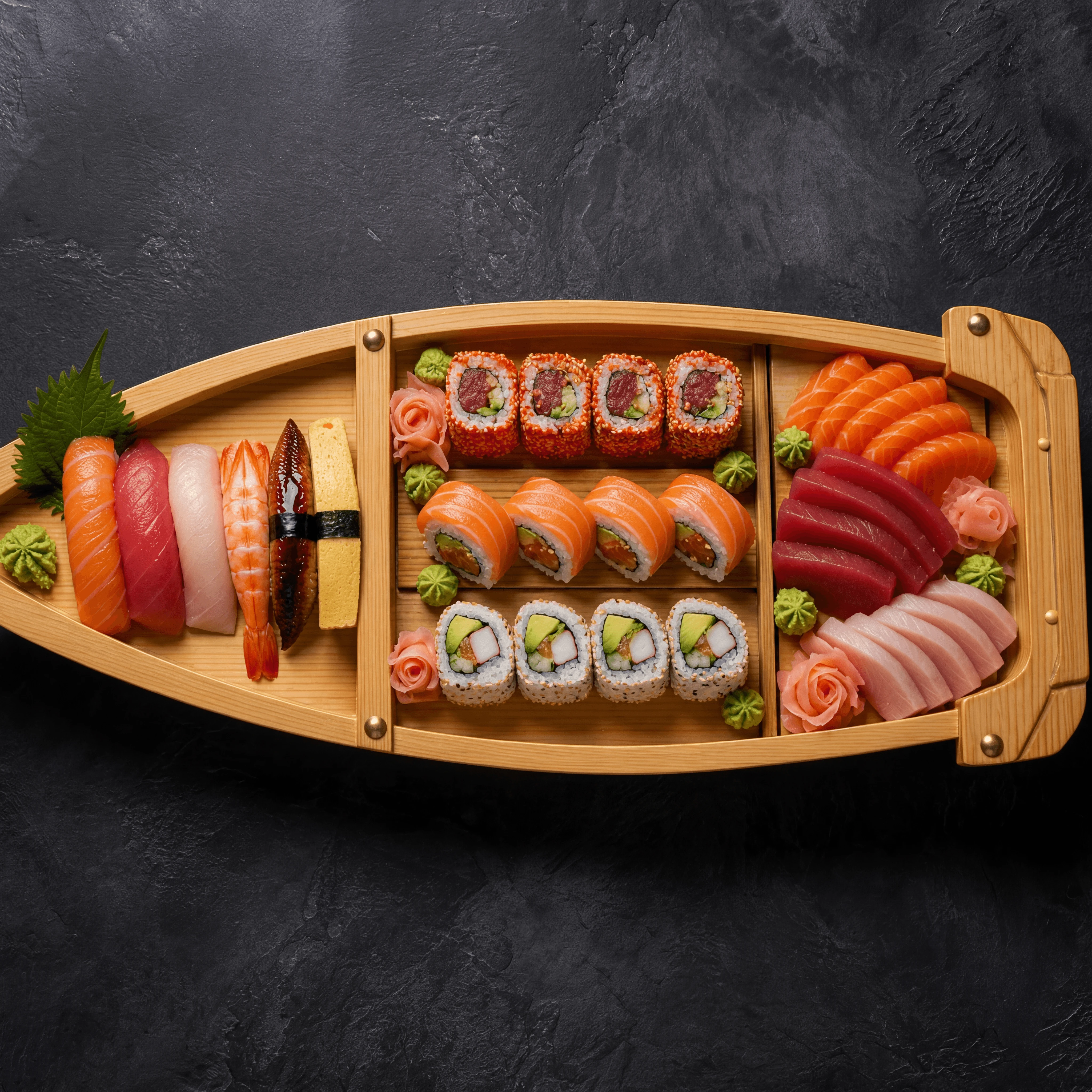 Sushi boat wooden ship assorted rolls nigiri party platter — sushi boat card photography