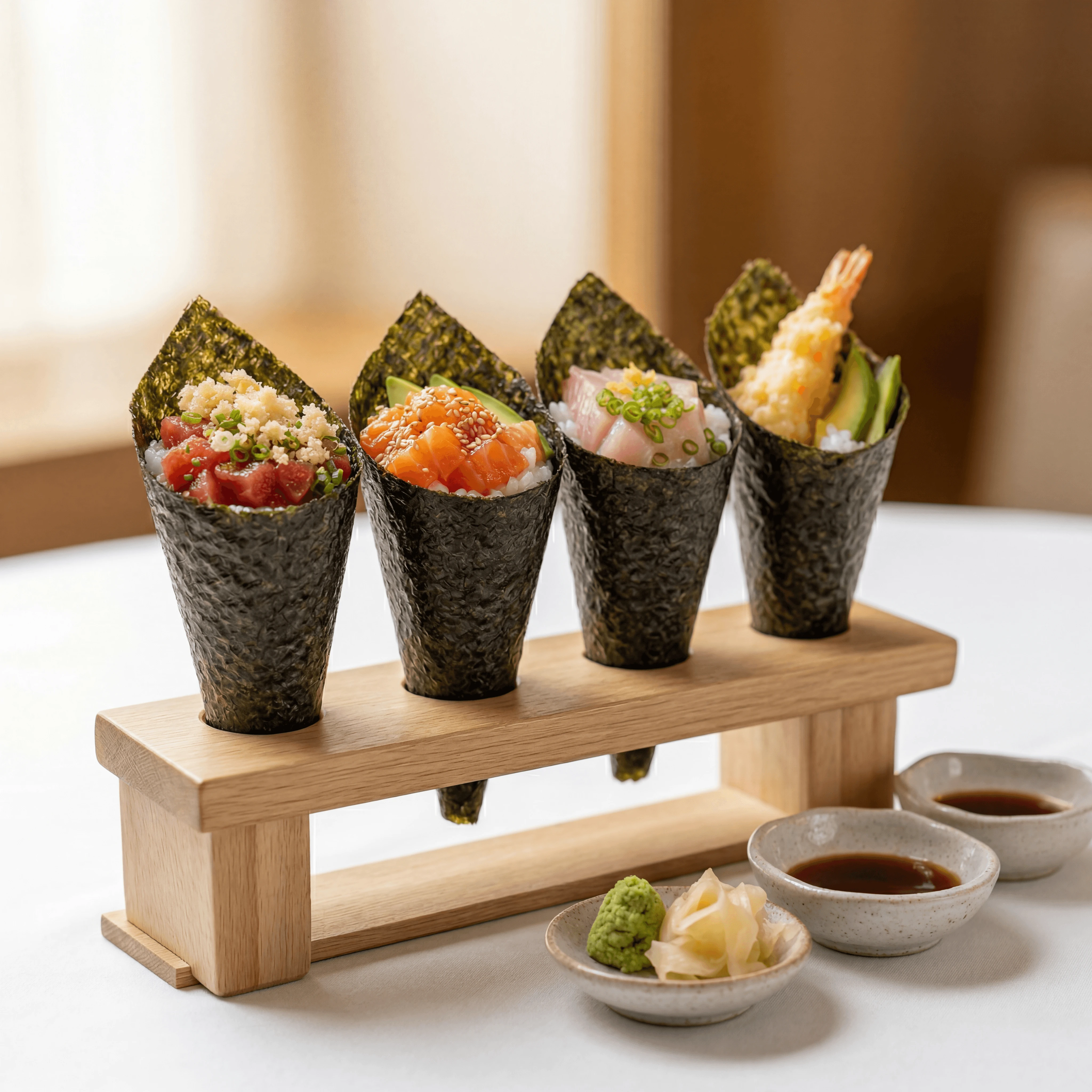 Four temaki hand rolls cone wooden stand assorted fillings — temaki set card photography