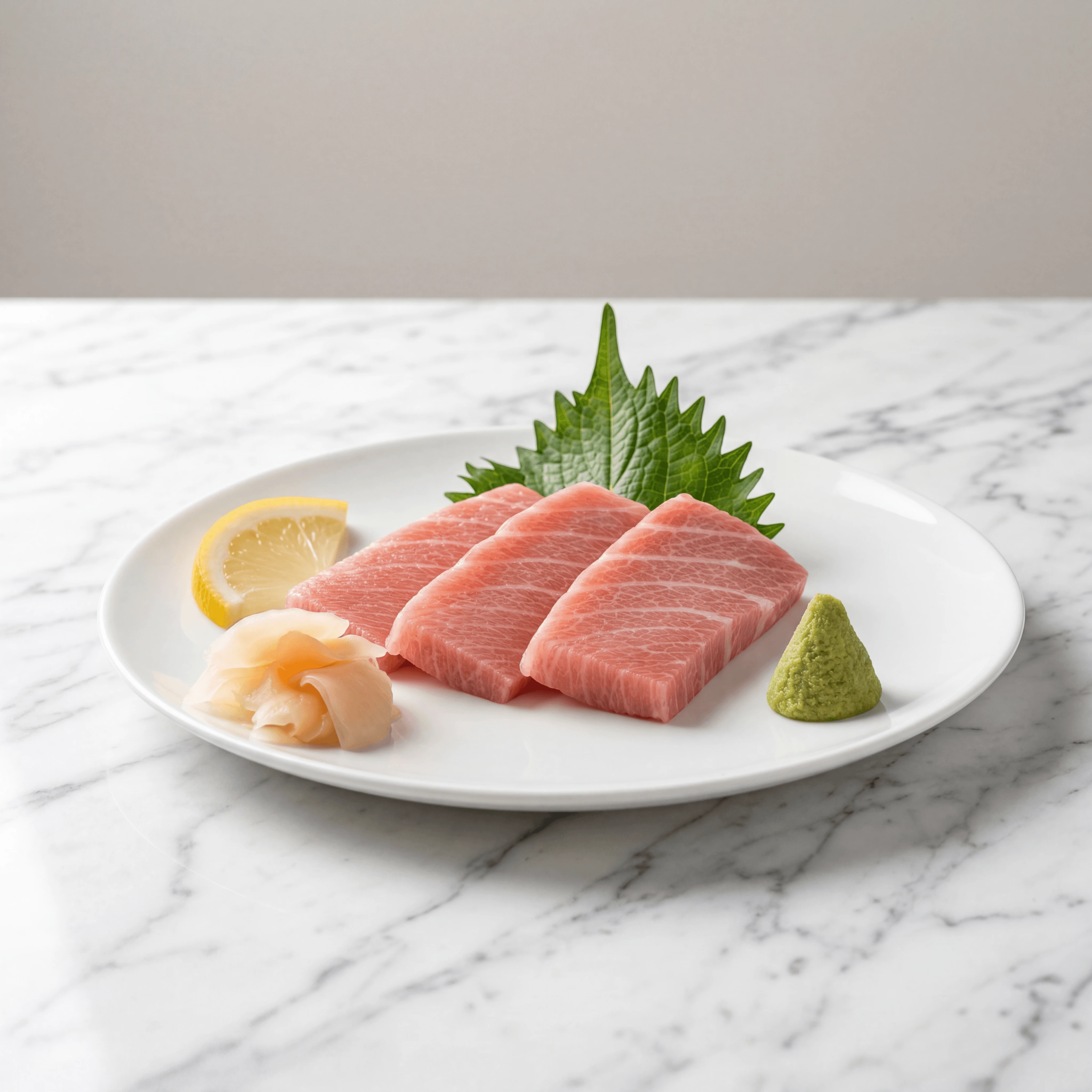 Tuna sashimi three slices slate plate wasabi shiso — sashimi hero photography