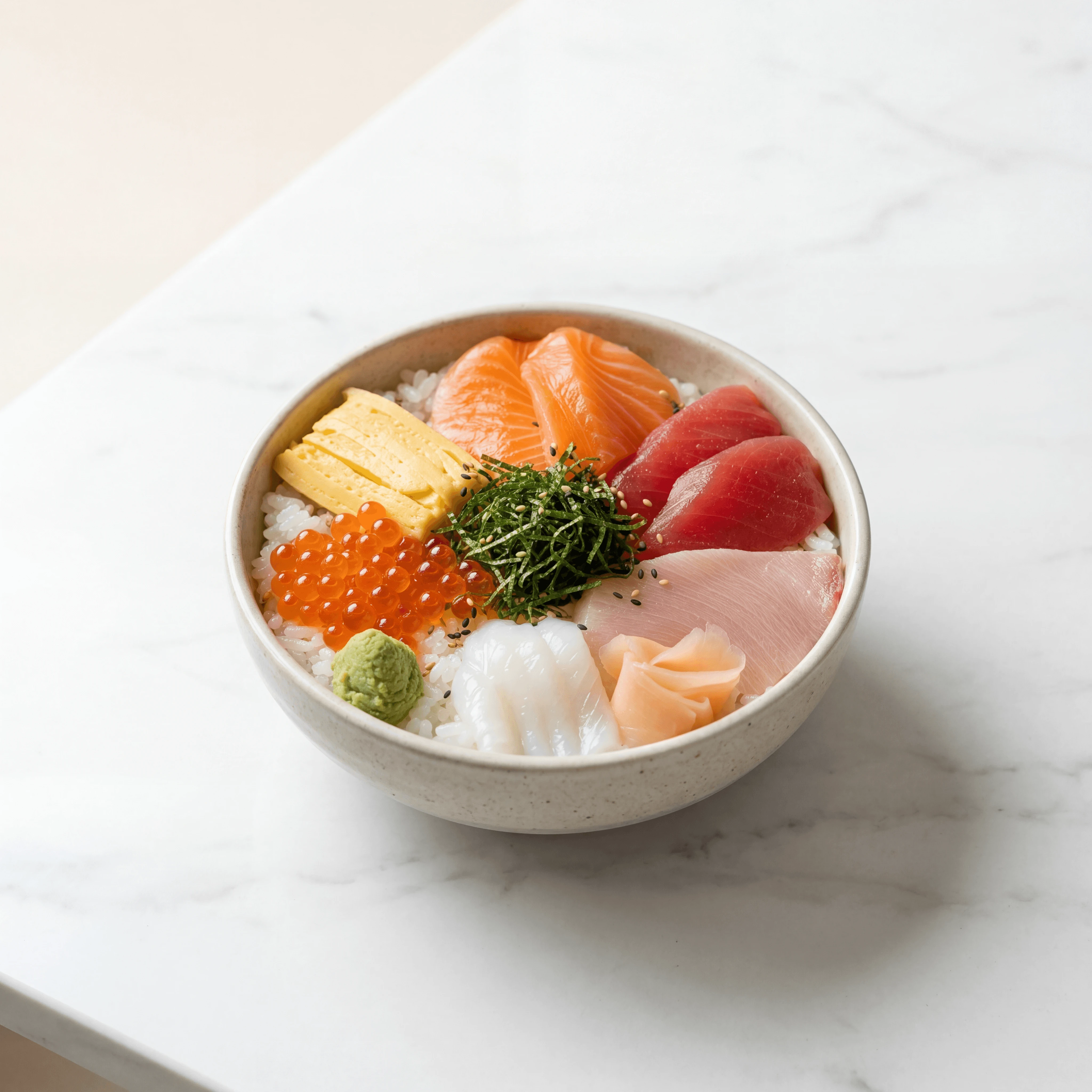 Chirashi donburi bowl assorted sashimi rice overhead — chirashi hero photography