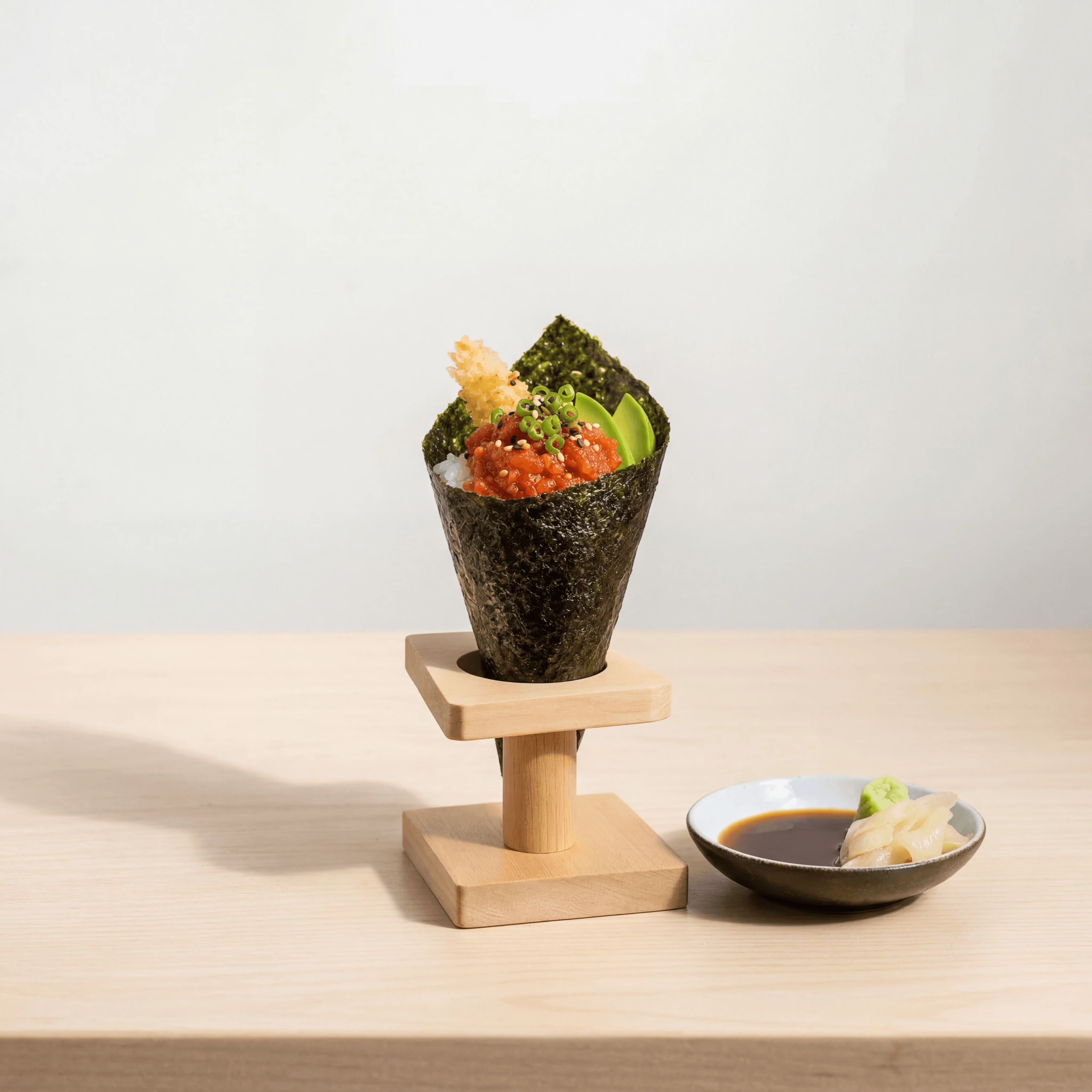 Single temaki hand roll cone wooden stand nori — temaki hand roll hero photography