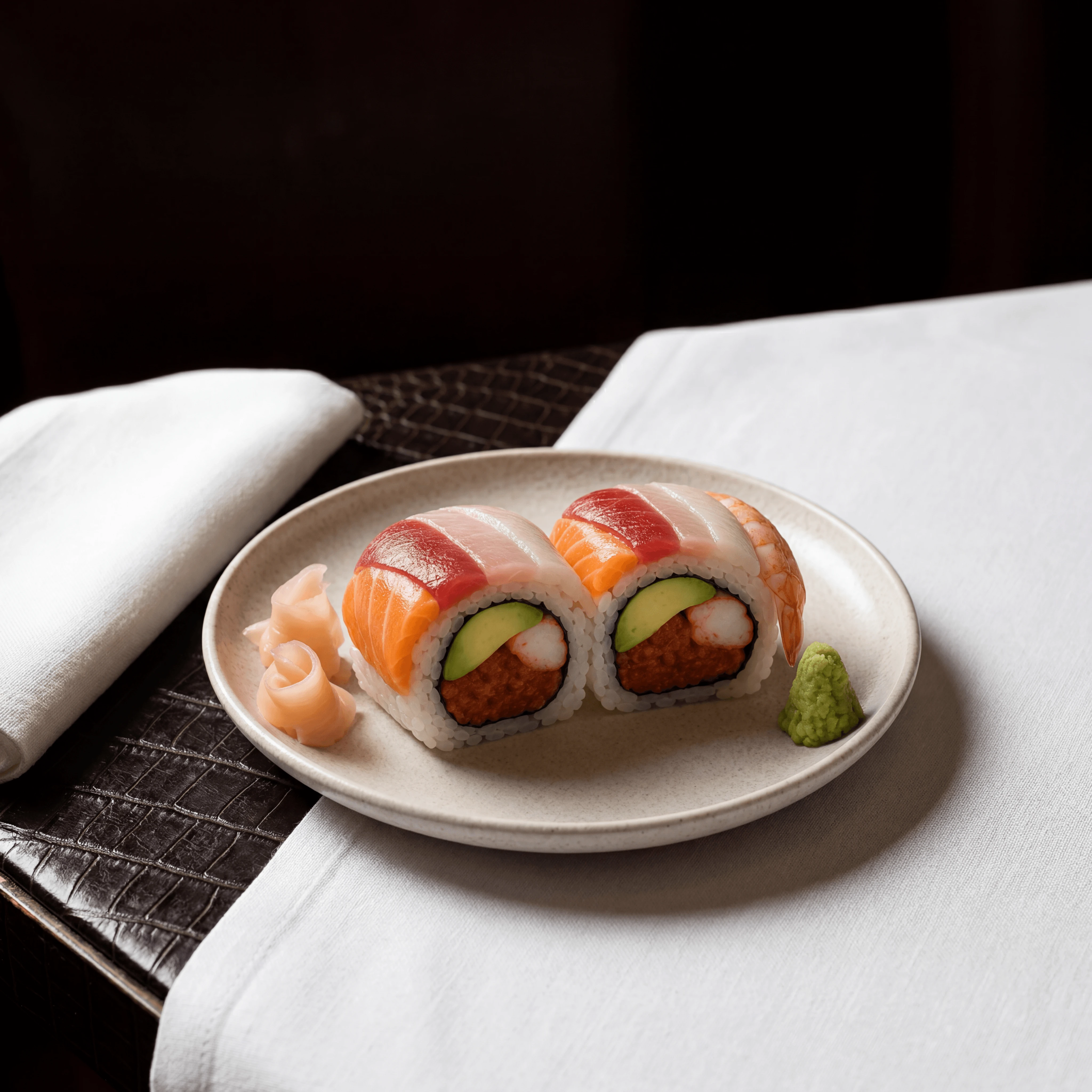 Single rainbow roll cross section overhead colorful — rainbow roll sushi hero photography