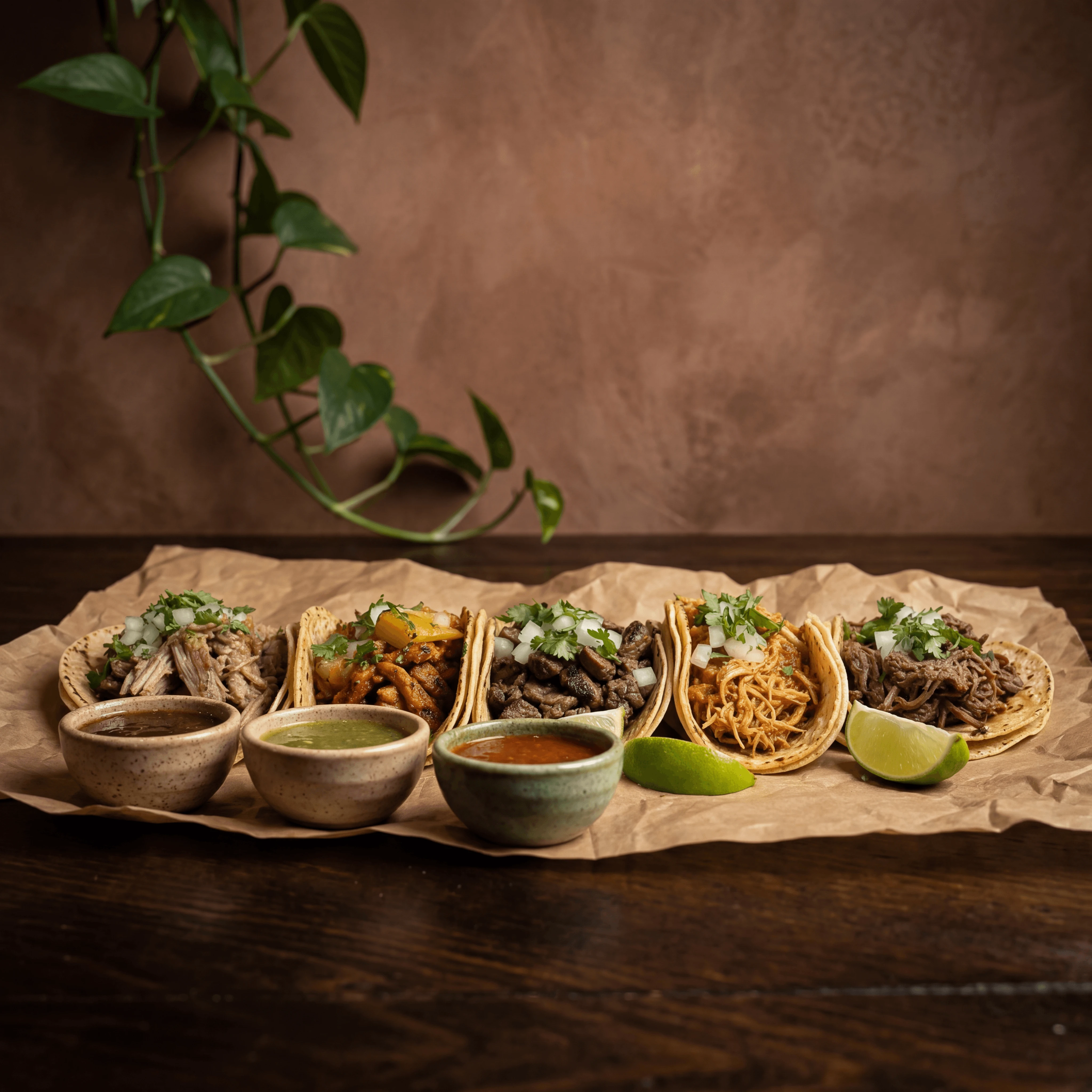 Row five street tacos butcher paper assorted meats dark wood — street taco card photography