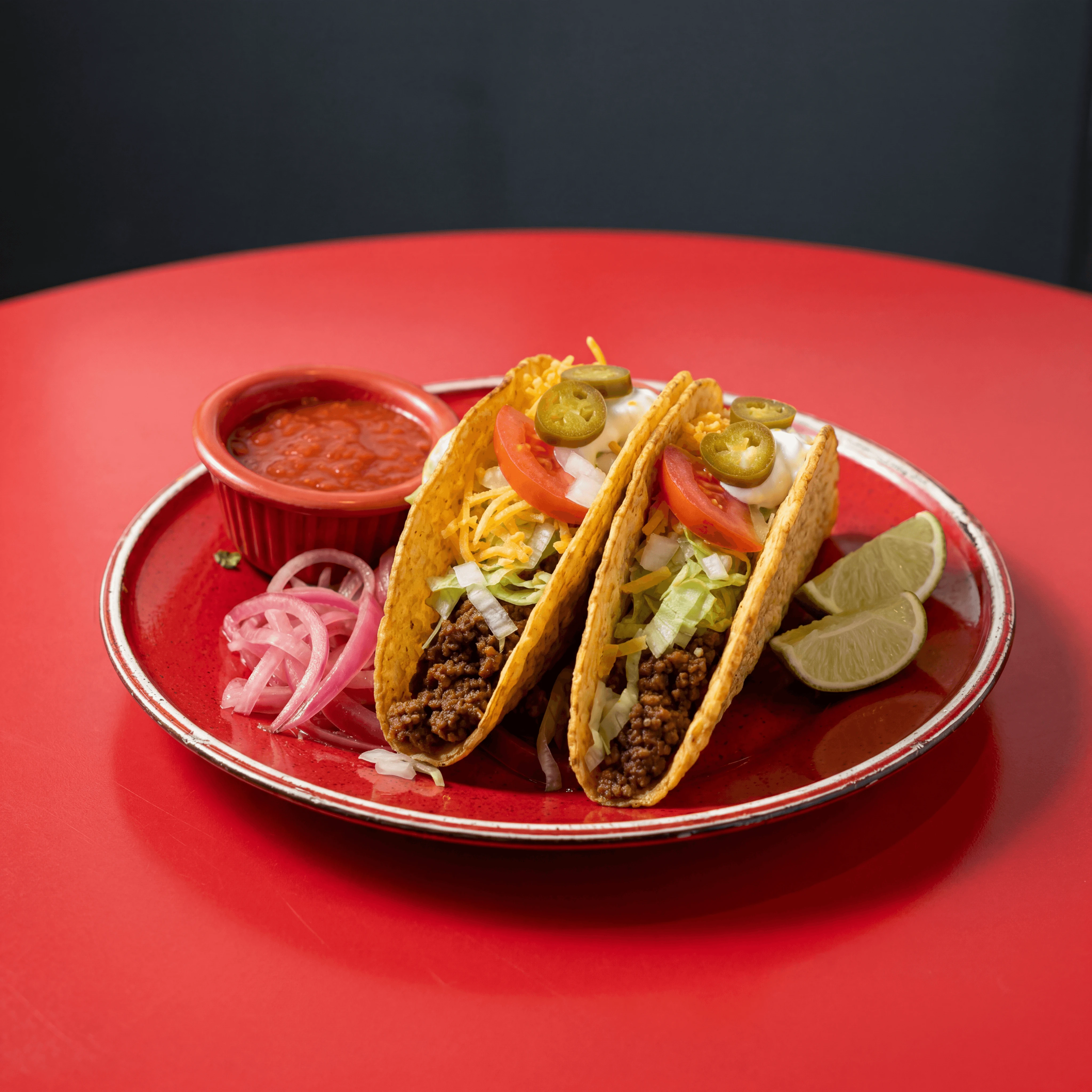 Three hard shell tacos lettuce cheese tomato red checkered Mexican cafe — hard shell card photography