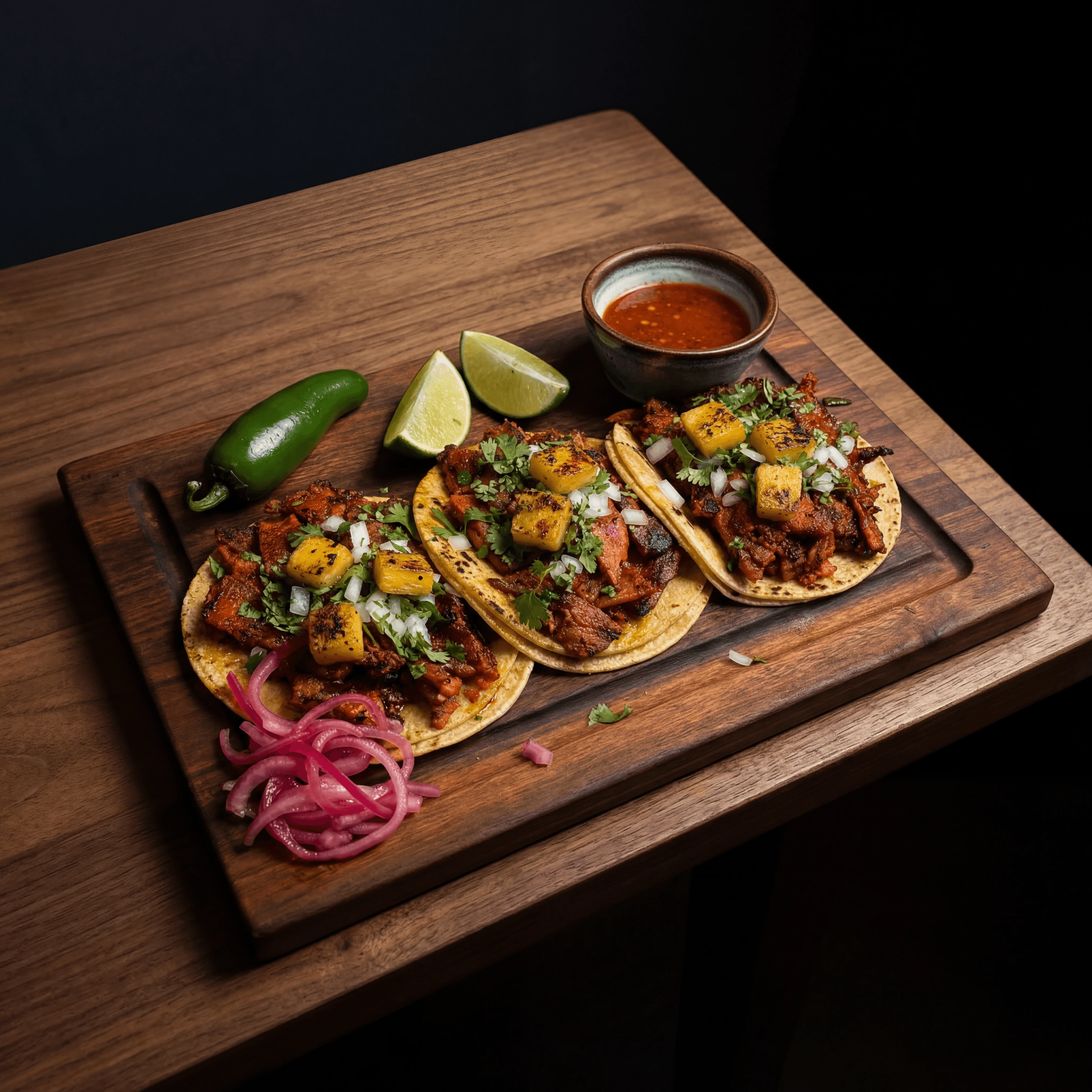 Three al pastor tacos pineapple deep mahogany char dark walnut — al pastor card photography
