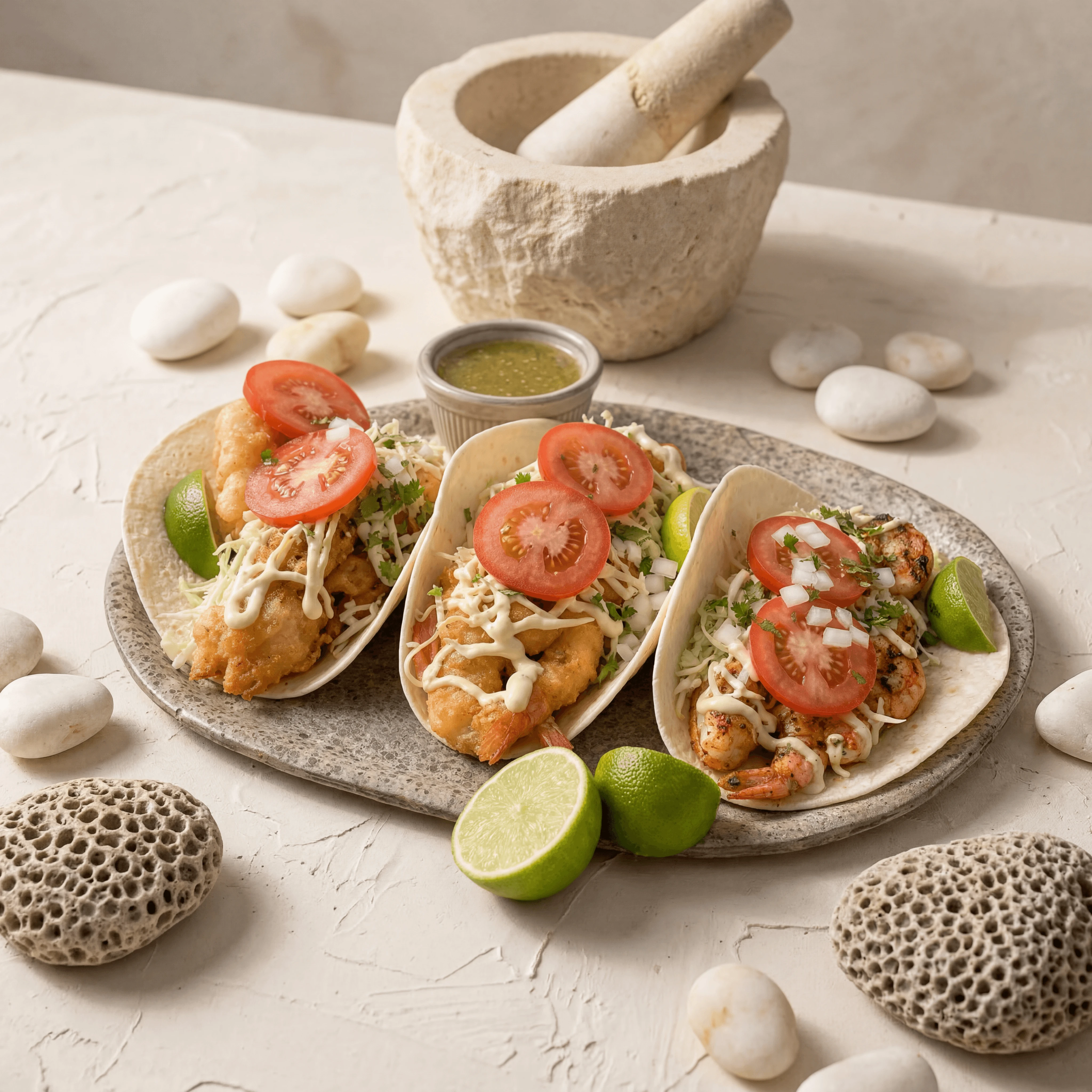 Three Baja fish tacos cabbage crema lime stone coastal — fish taco card photography