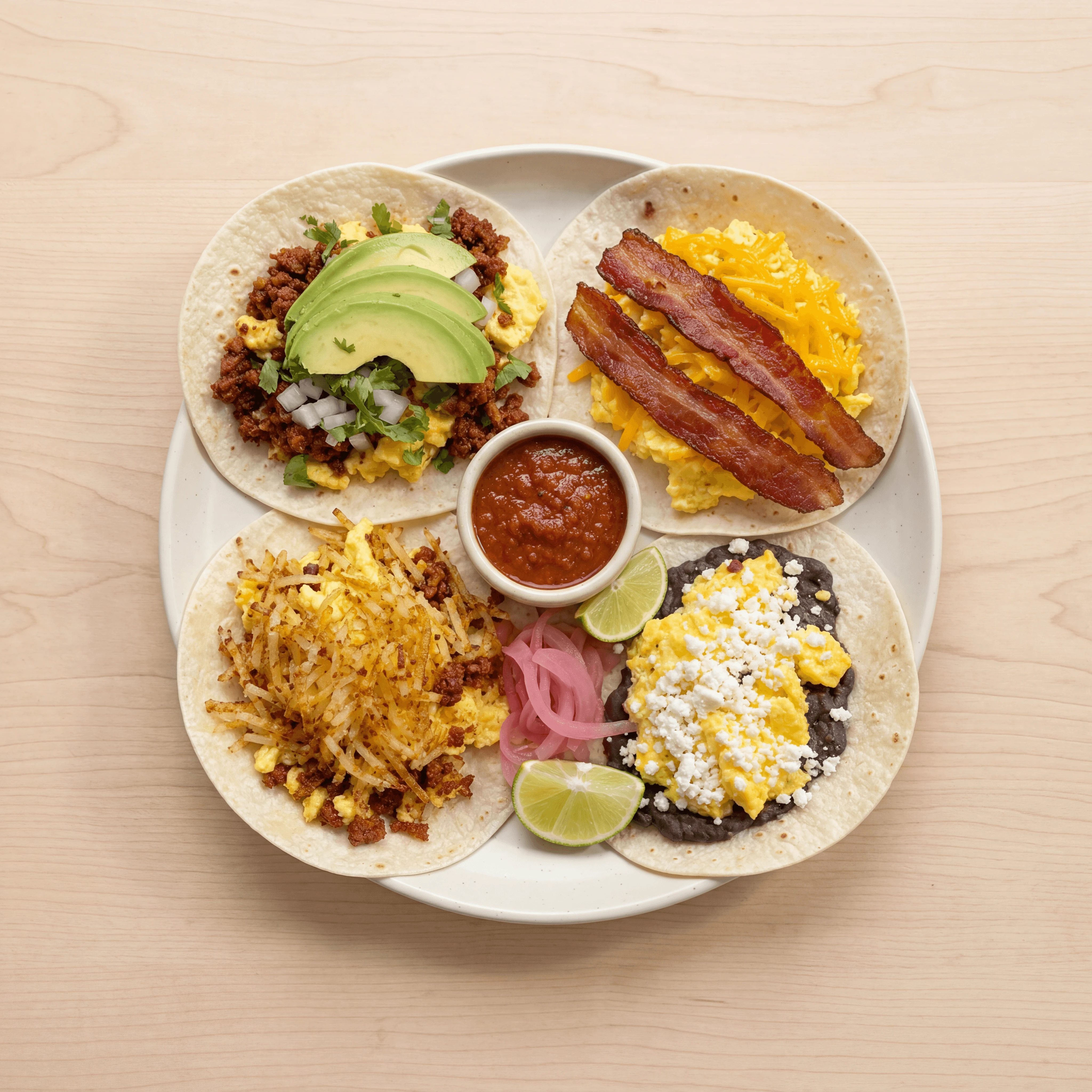 Four breakfast tacos assorted fillings sunny morning Austin — breakfast taco card photography