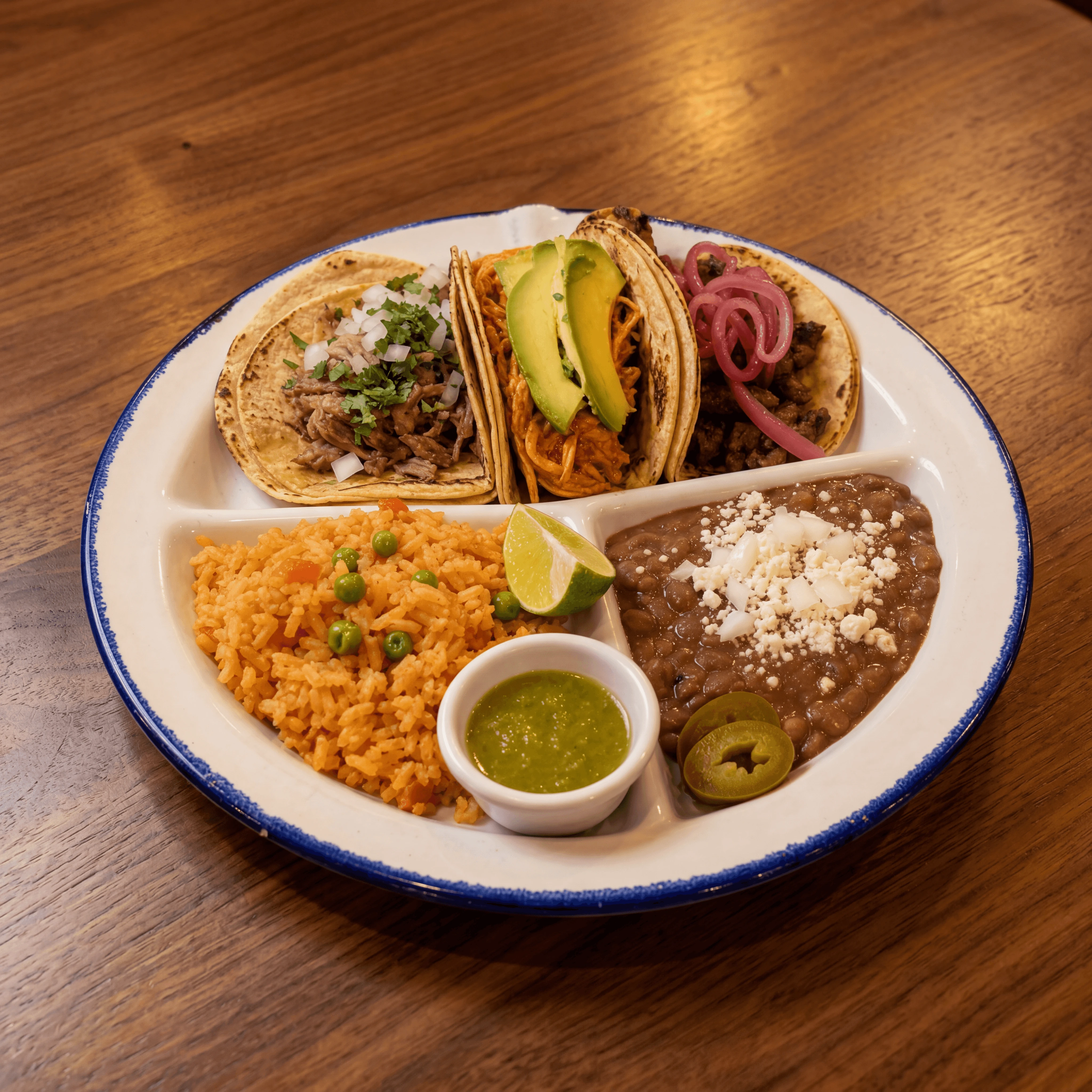 Three taco plate rice refried beans enamel diner cantina warm — taco combo plate card photography