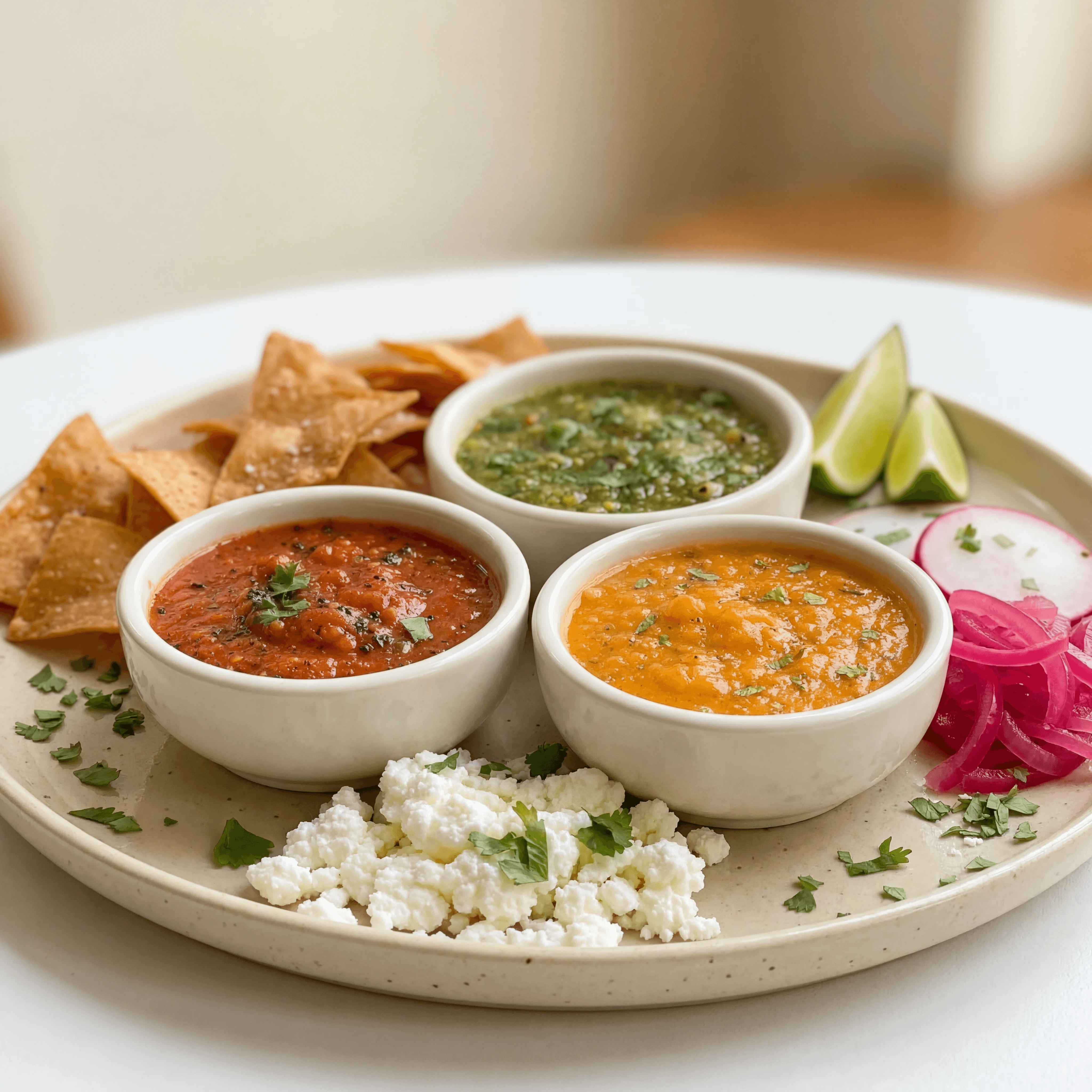 Three salsa ramekins chips lime radish array Mexican fresh — salsa sides card photography
