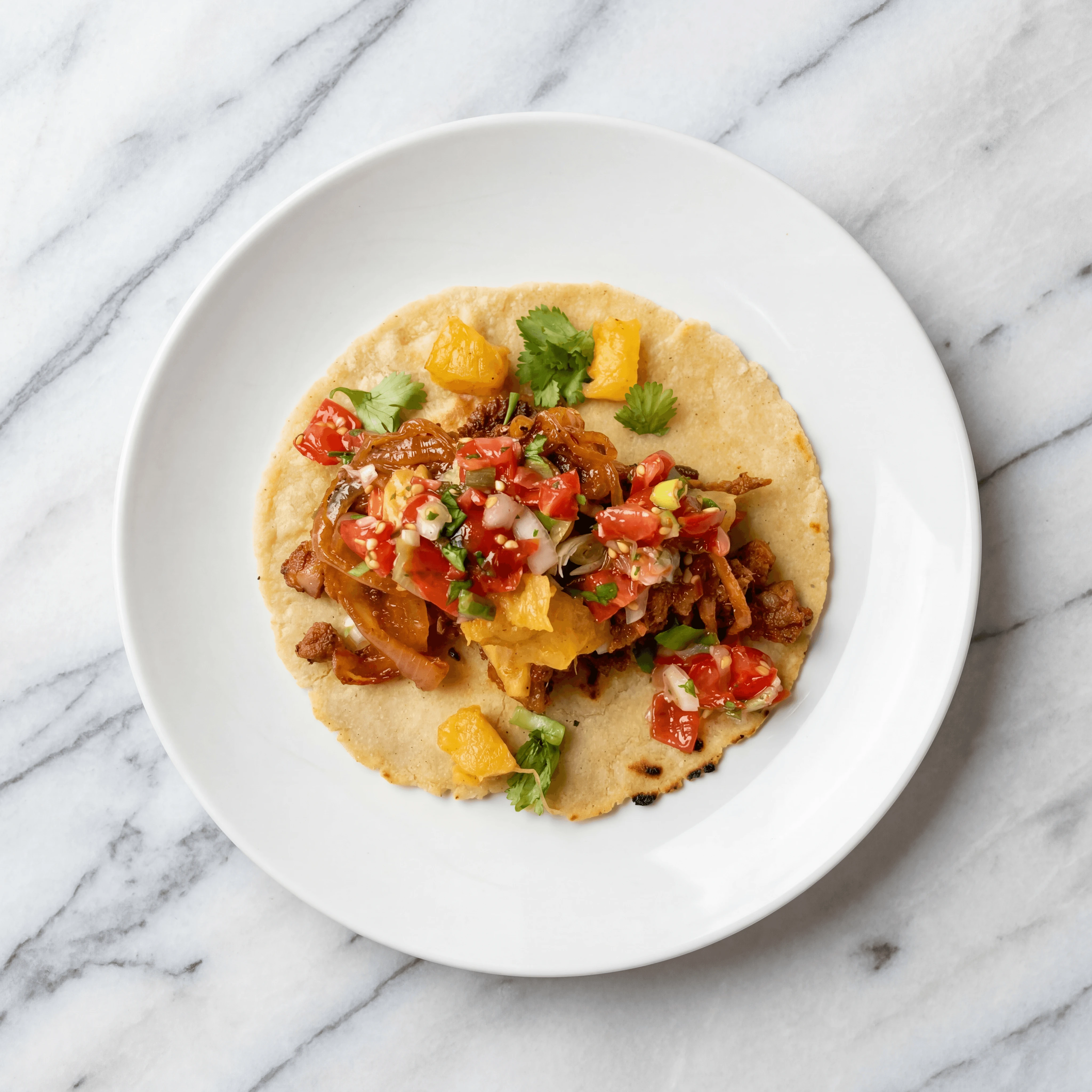 Single al pastor taco overhead pineapple cilantro onion marble — iconic taco FAQ sidebar photography