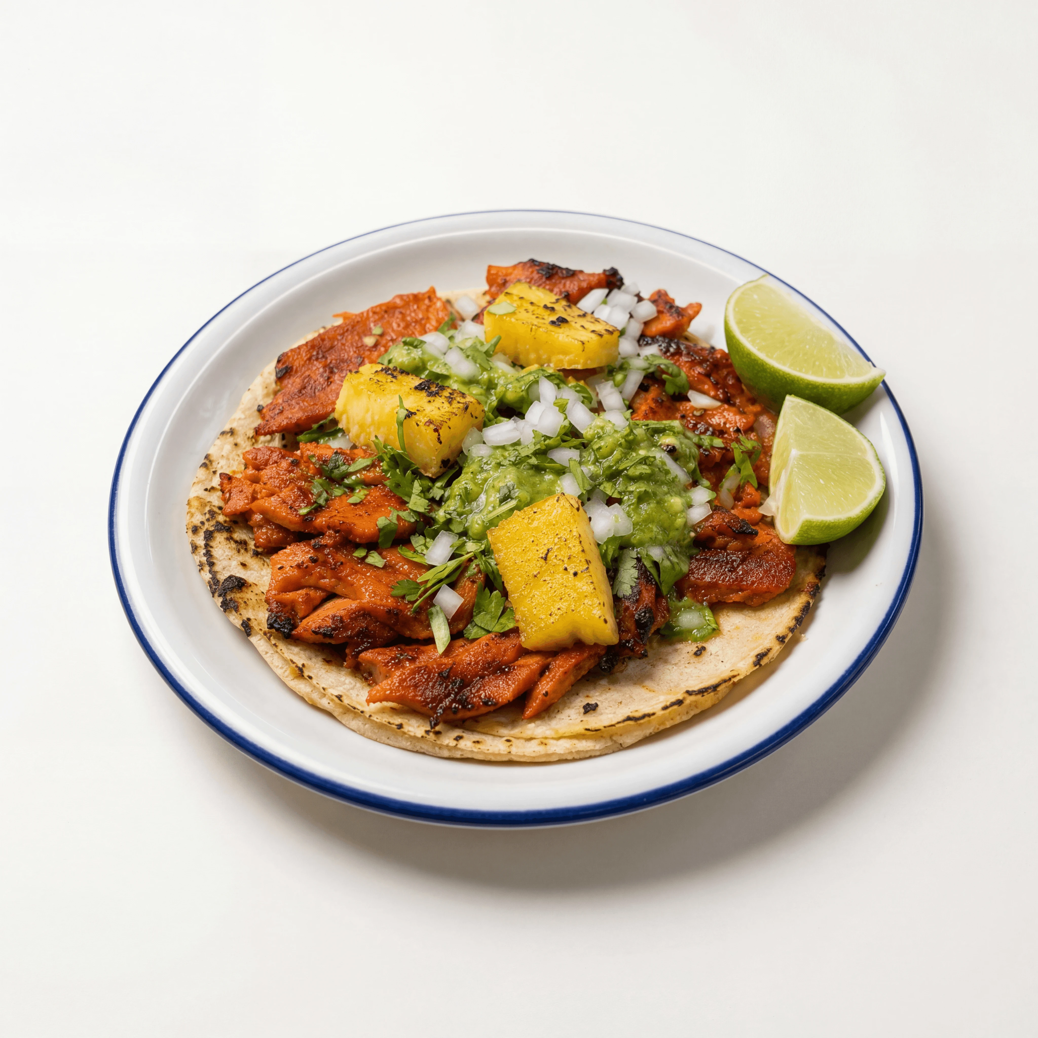 Single al pastor taco pineapple cilantro onion small plate — al pastor taco hero photography