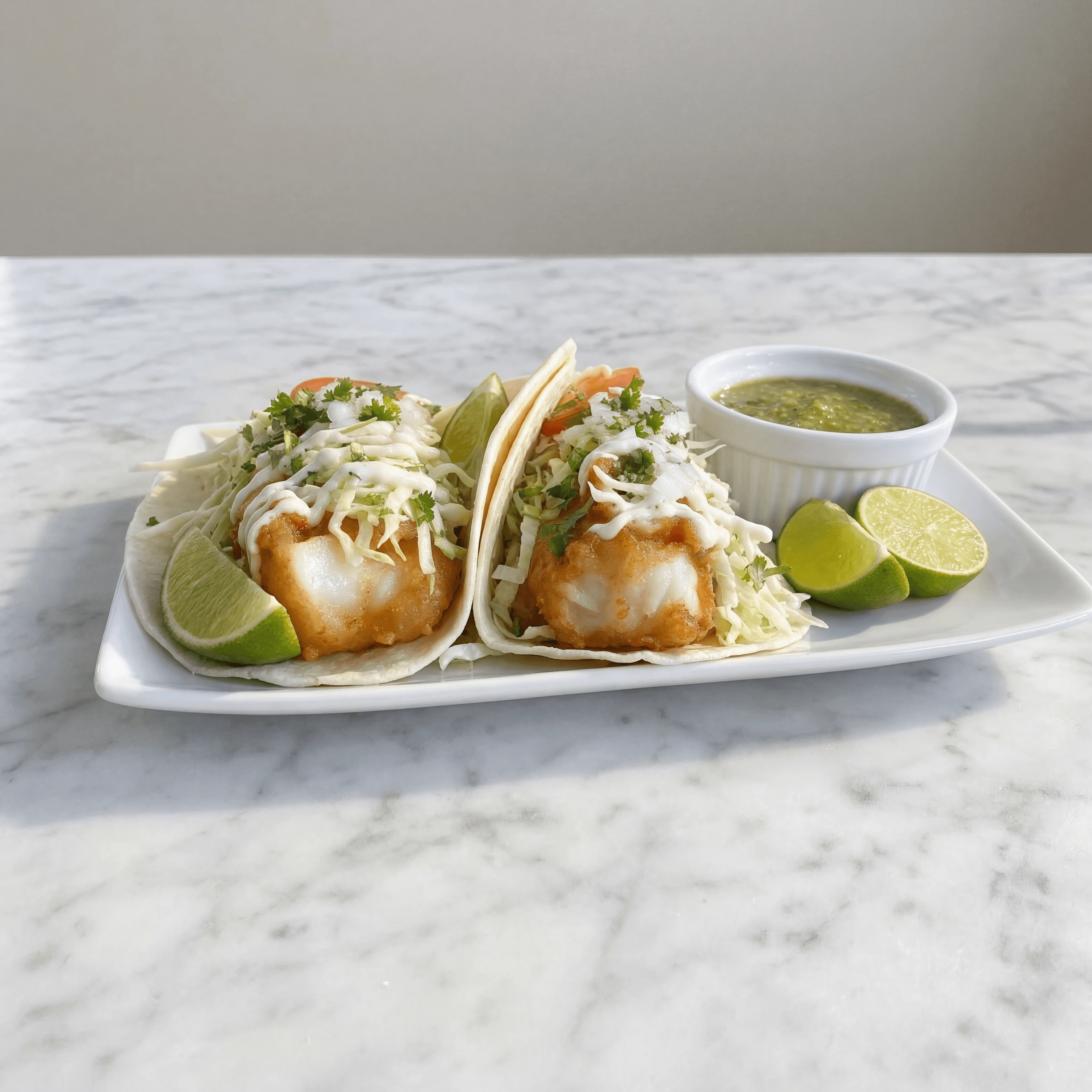 Pair Baja fish tacos cabbage slaw lime crema plate — fish taco hero photography