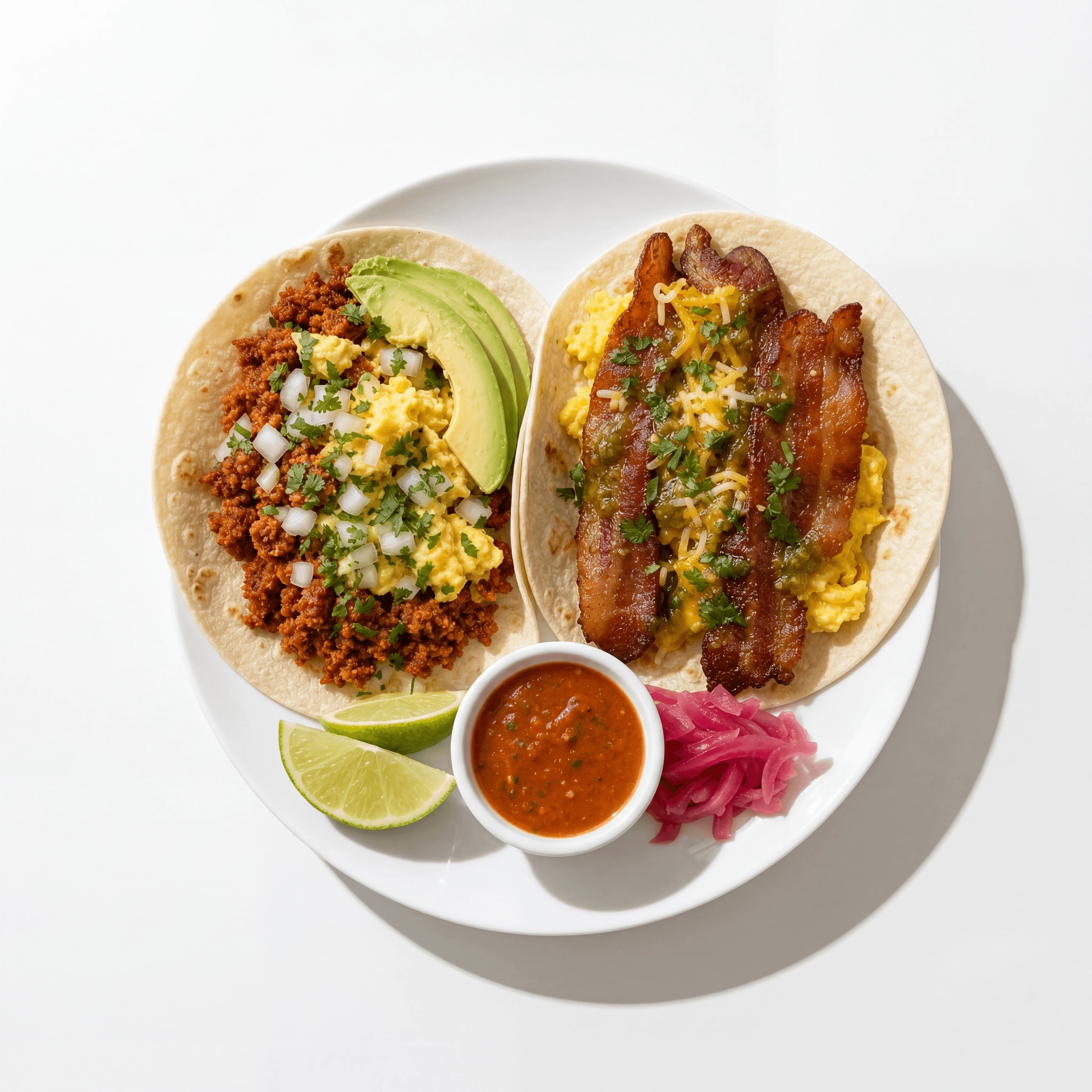 Two breakfast tacos chorizo egg bacon white plate salsa — breakfast taco hero photography