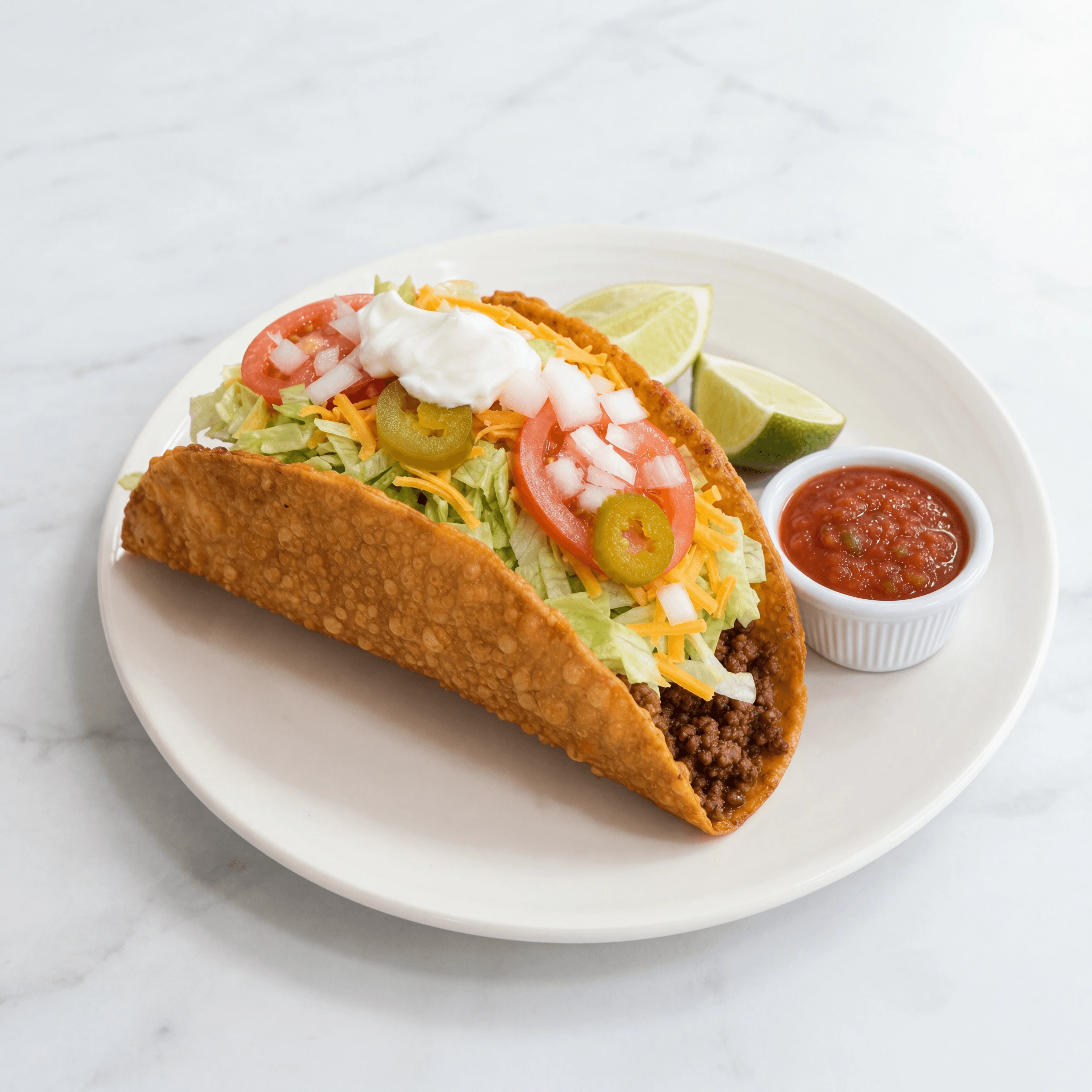 Single hard shell taco lettuce cheese tomato classic Americana — hard shell taco hero photography