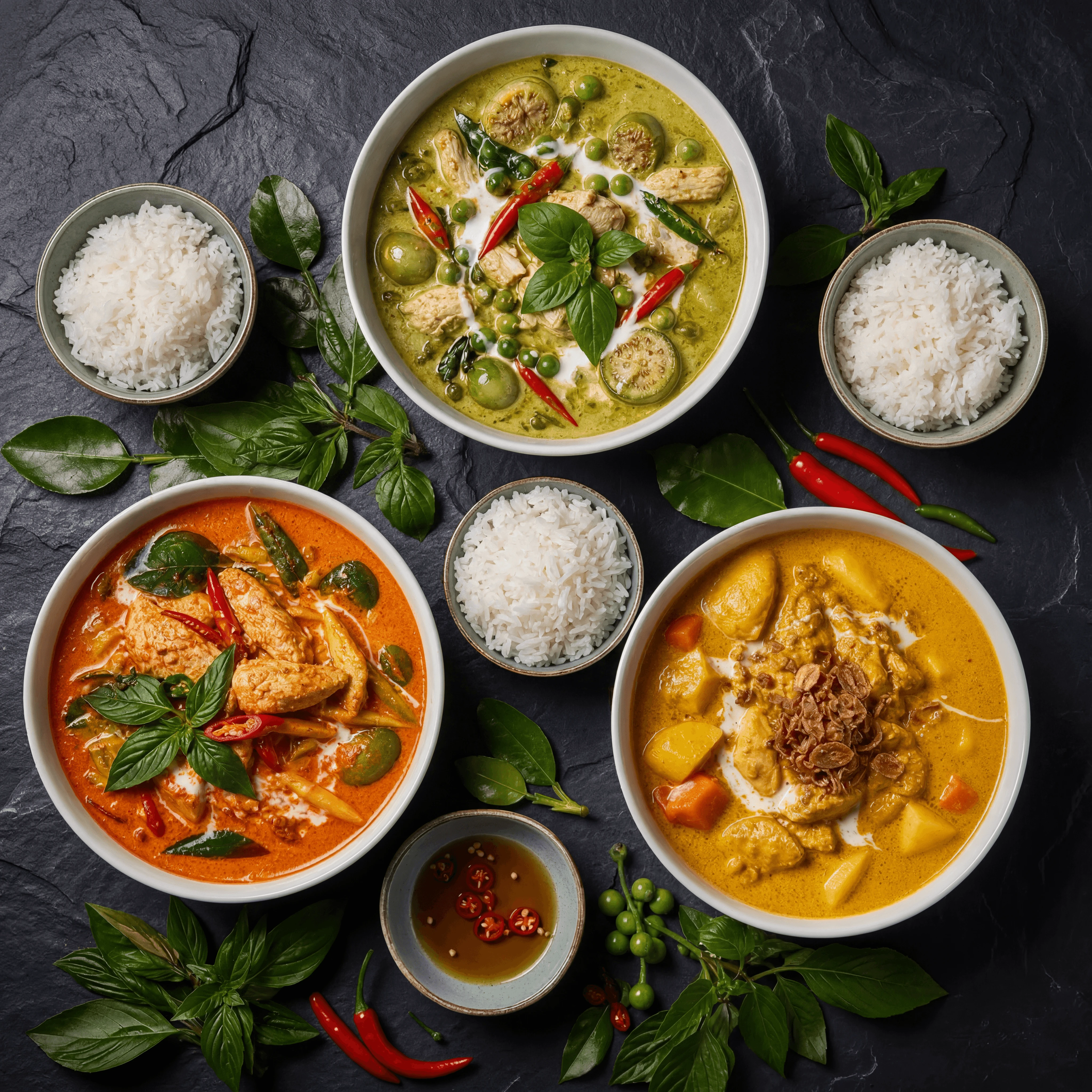 Thai three curries green red yellow bowls color palette overhead dark slate — curry card photography