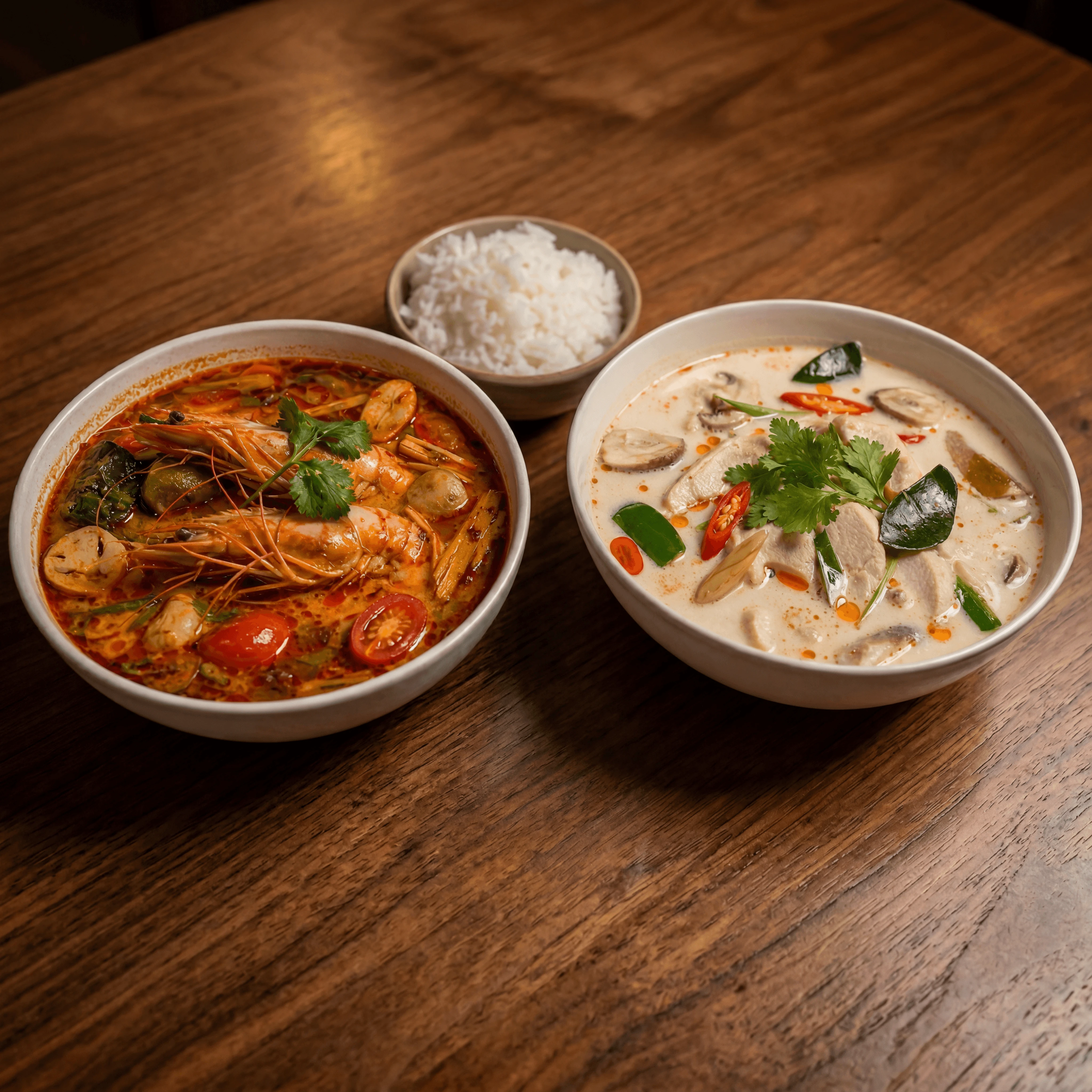 Tom yum tom kha Thai soups bowls lemongrass coconut warm cantina — thai soup card photography
