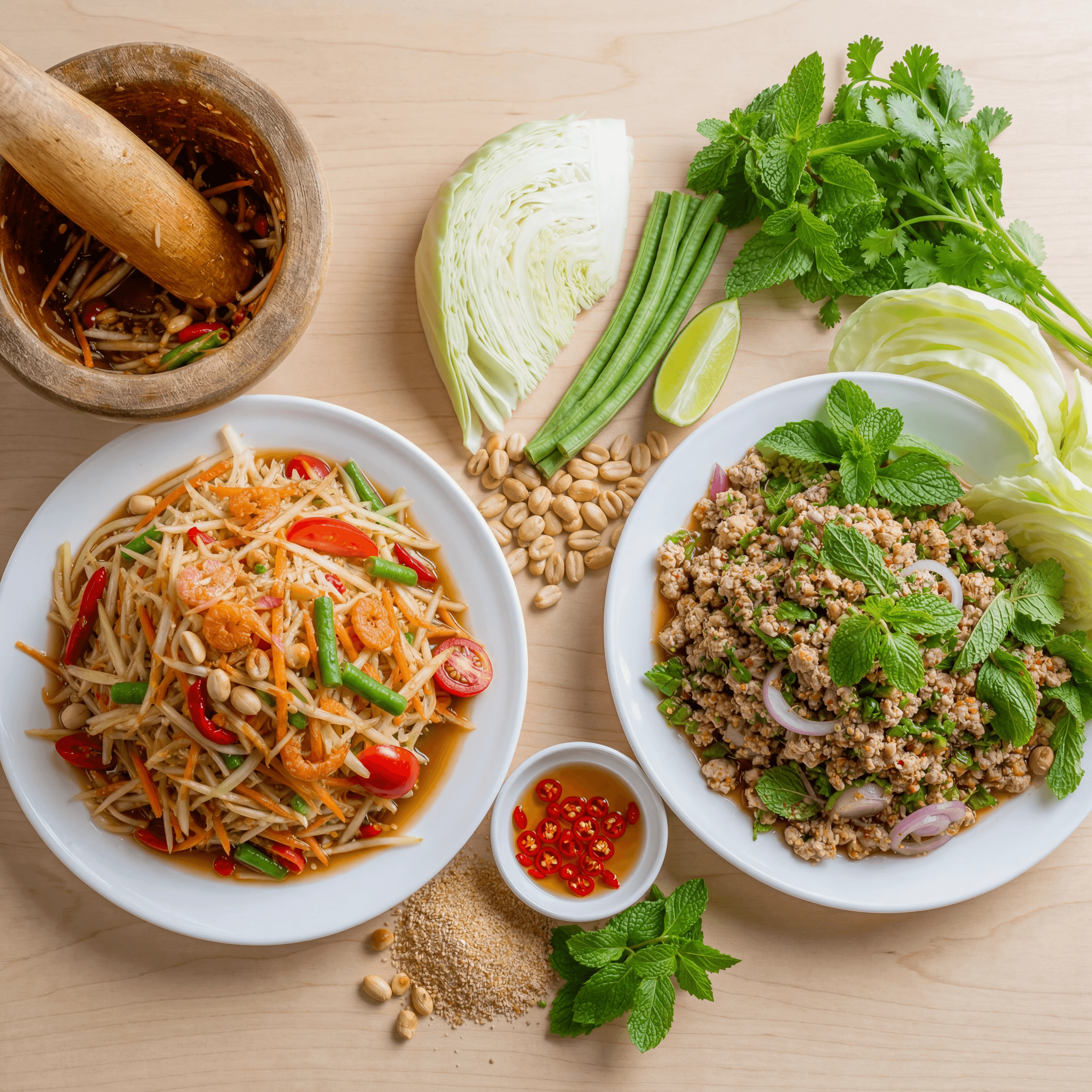 Som tam larb Thai salads green papaya minced meat herb overhead light wood — thai salad card photography