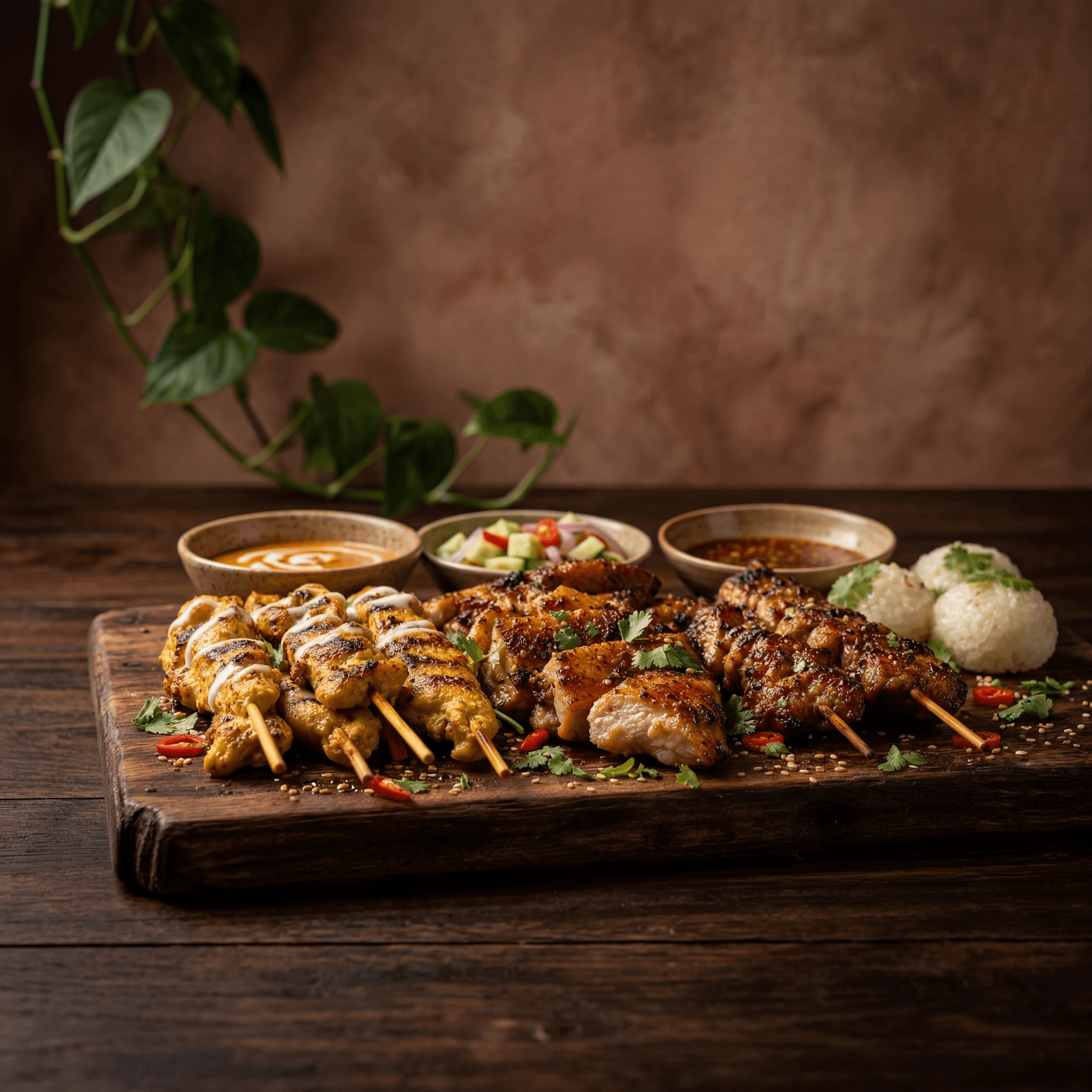 Thai satay gai yang grilled skewers peanut sauce dramatic rustic char — satay card photography