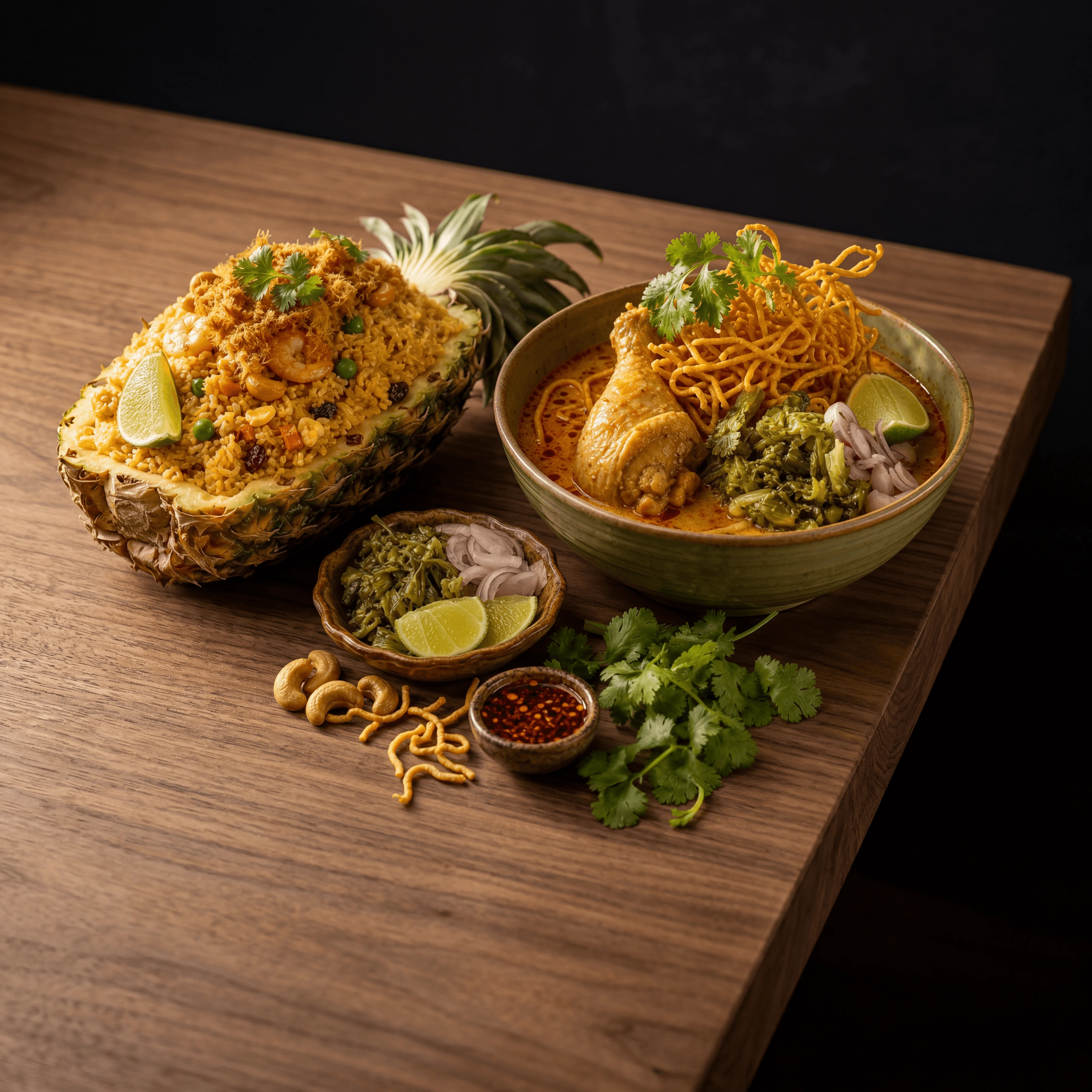 Thai khao pad pineapple fried rice khao soi curry noodle bowls dark walnut — fried rice card photography