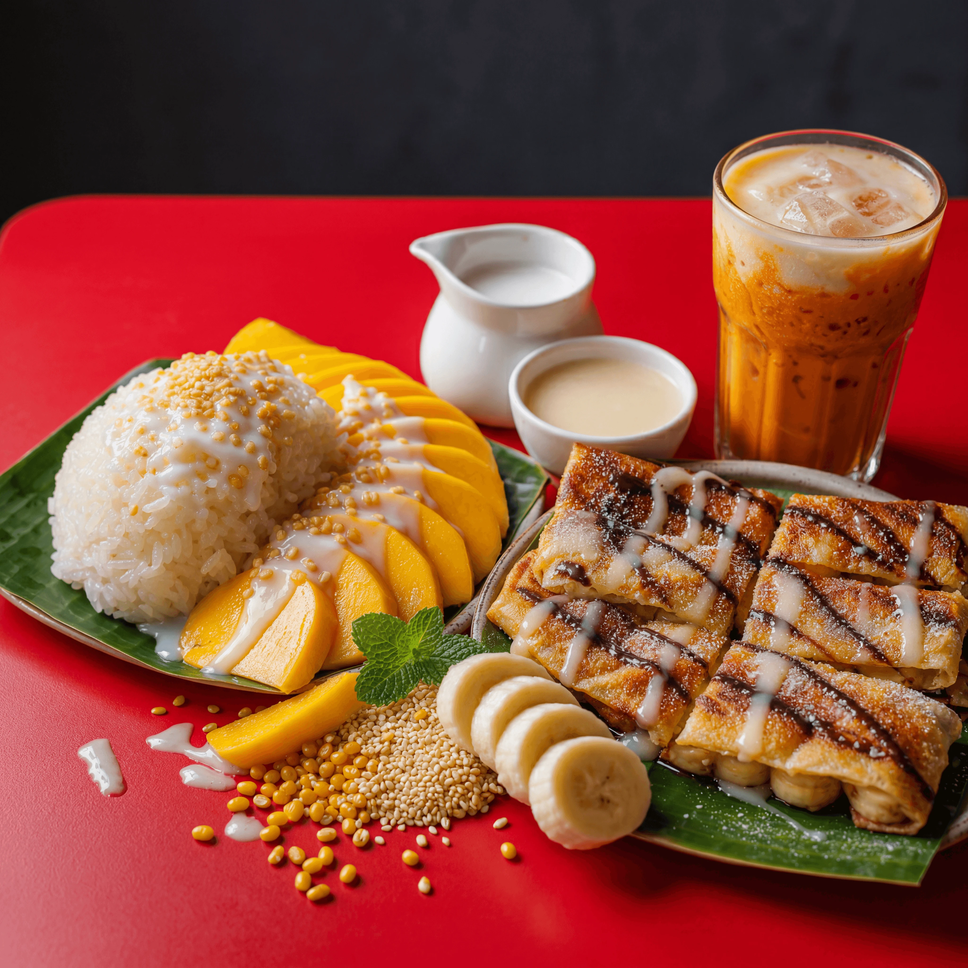 Mango sticky rice banana roti Thai desserts coconut condensed milk red cafe — thai dessert card photography