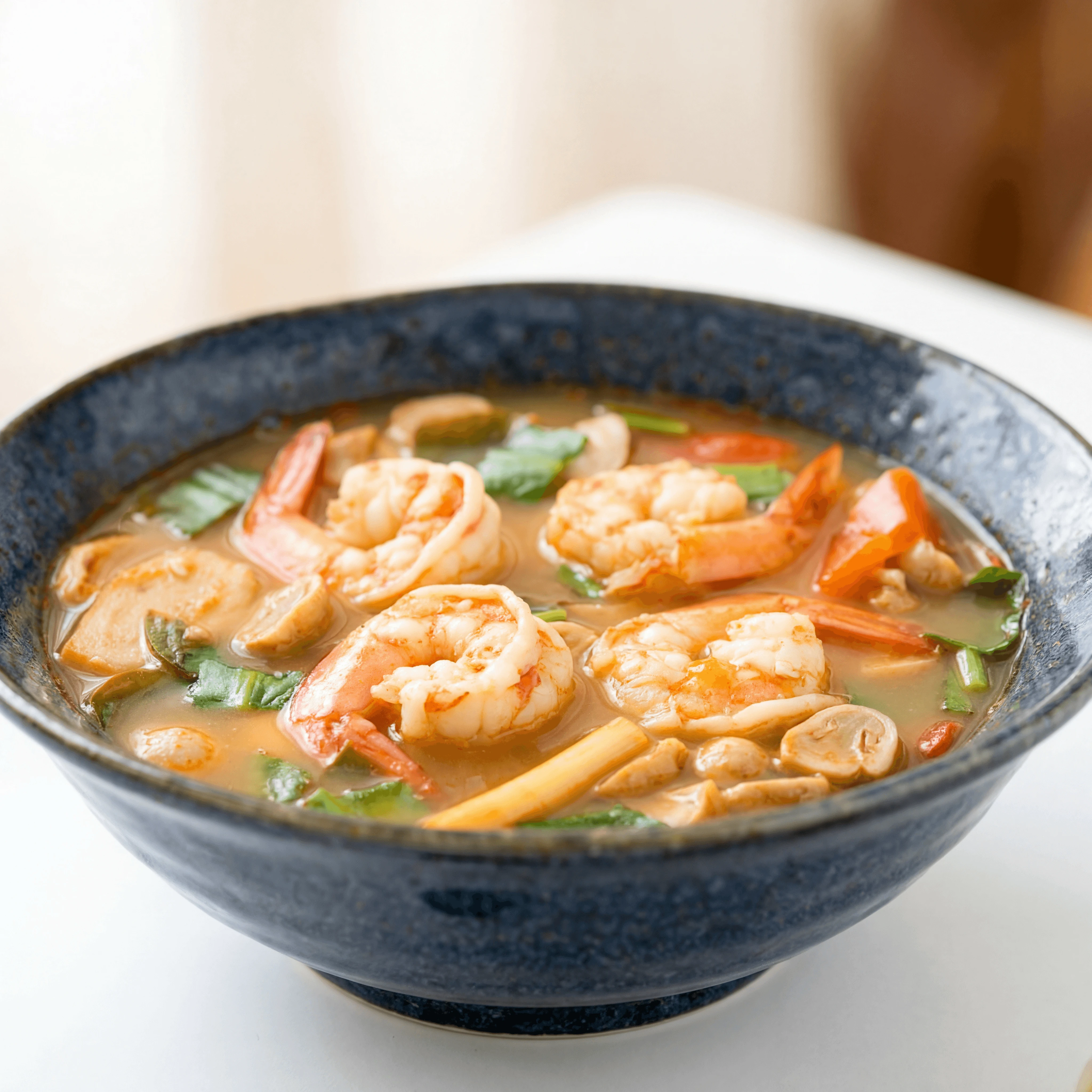 Tom yum goong soup shrimp lemongrass galangal chili herbs bowl — tom yum hero photography