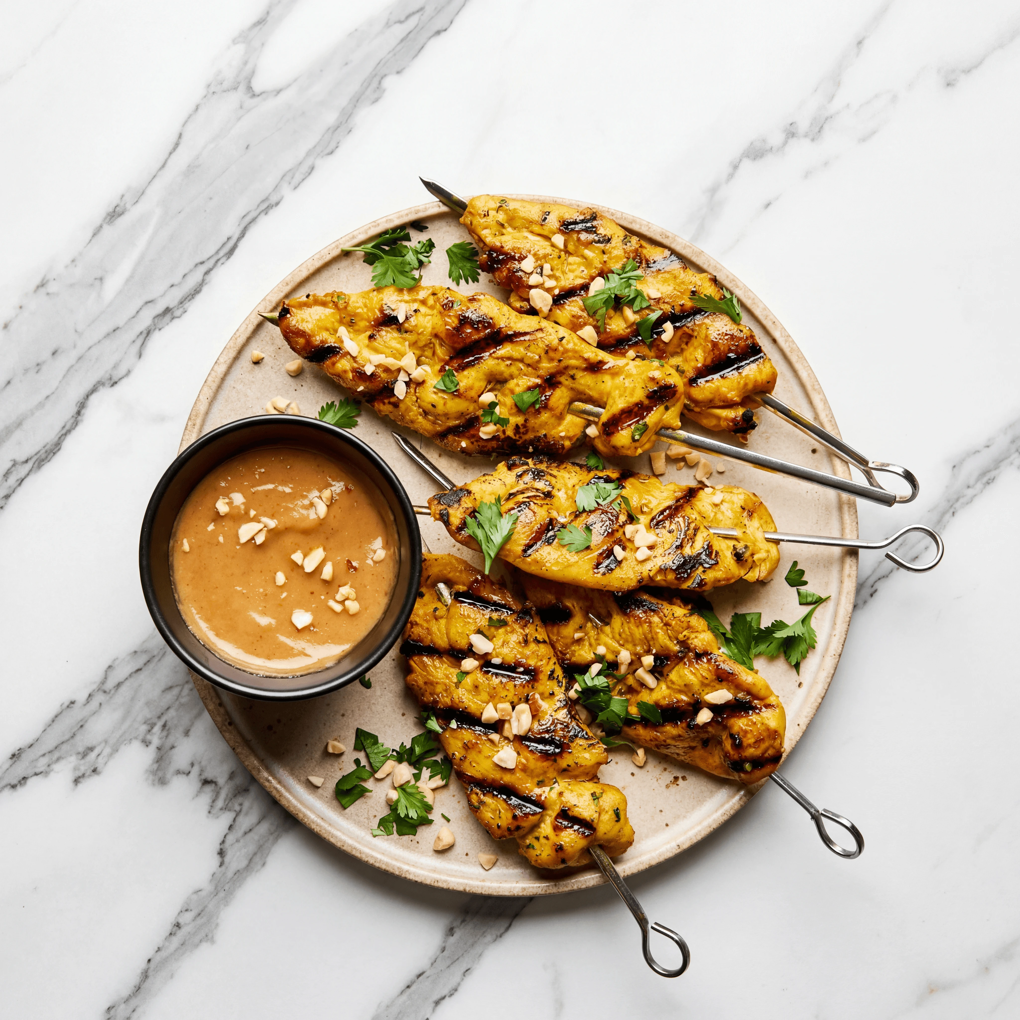 Thai chicken satay skewers peanut sauce cucumber relish overhead — satay hero photography