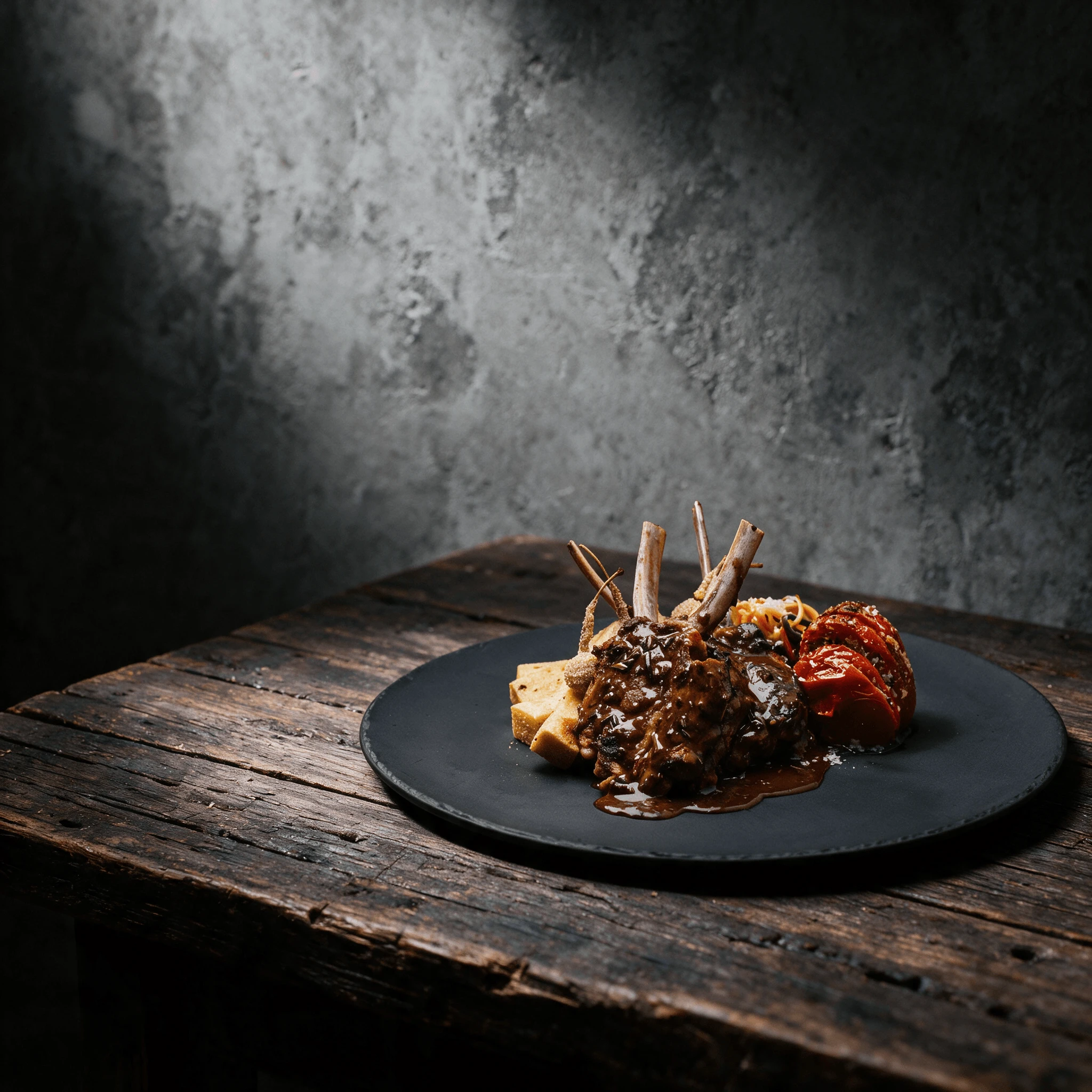 Herb crusted rack of lamb cutlets with red wine jus and potato puree plated on a dark stoneware plate