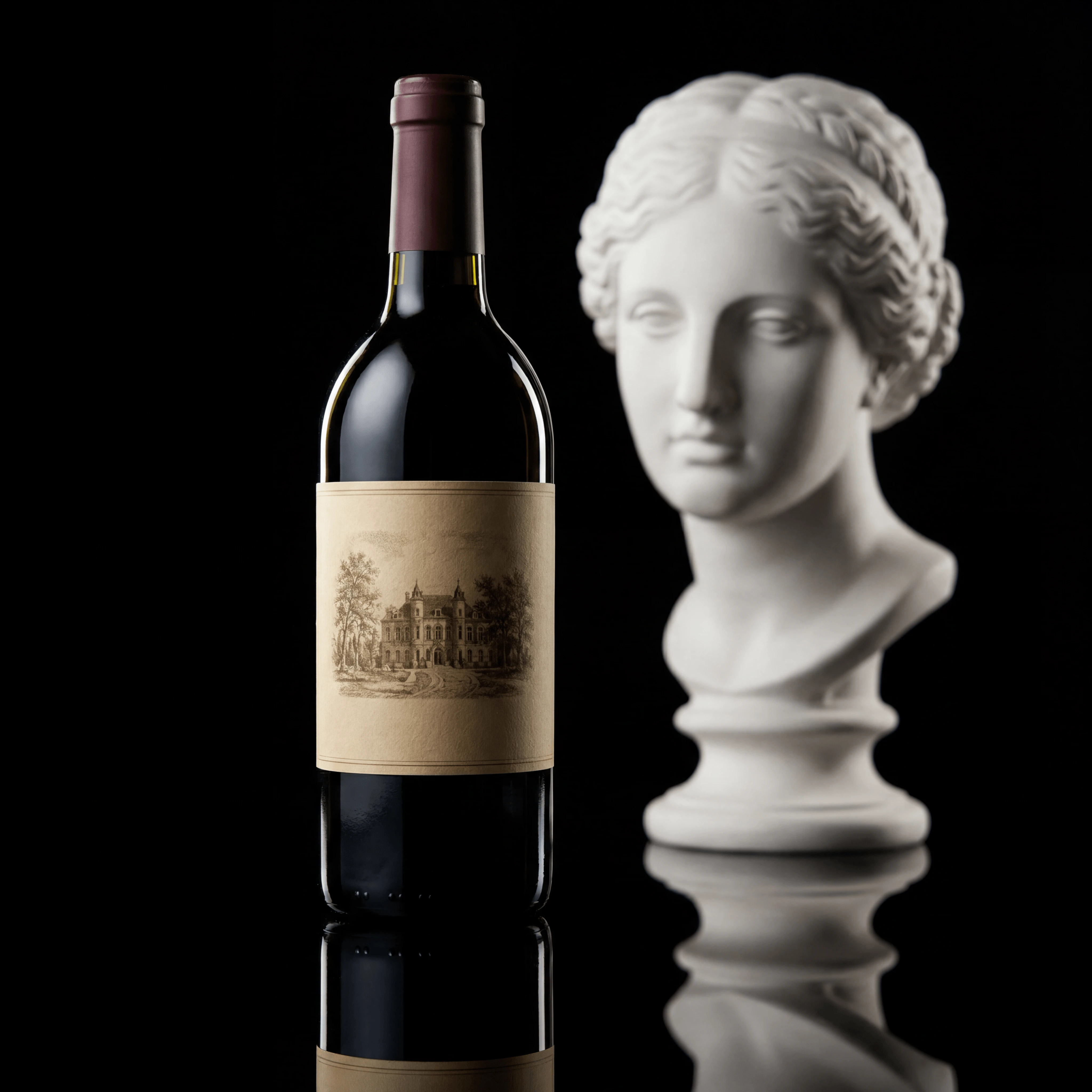 Botol wain merah Bordeaux Premier Cru Classé dengan ilustrasi château berukir dan meterai emas — fotografi potret botol Perancis