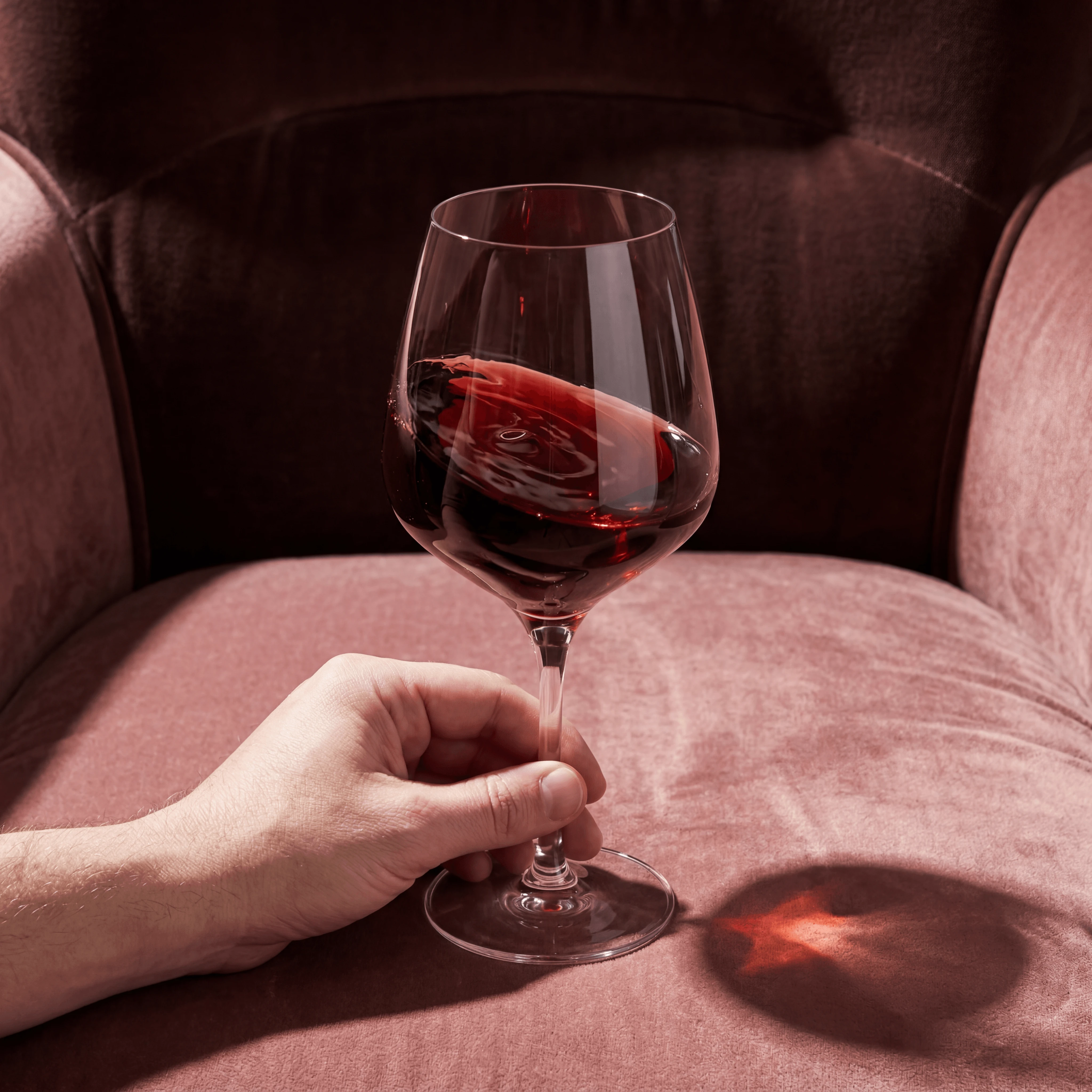 Gelas Burgundy kristal Austria tiup tangan dengan Pinot Noir dalam pusaran di atas kaunter walnut — fotografi gelas berbatang wain halus