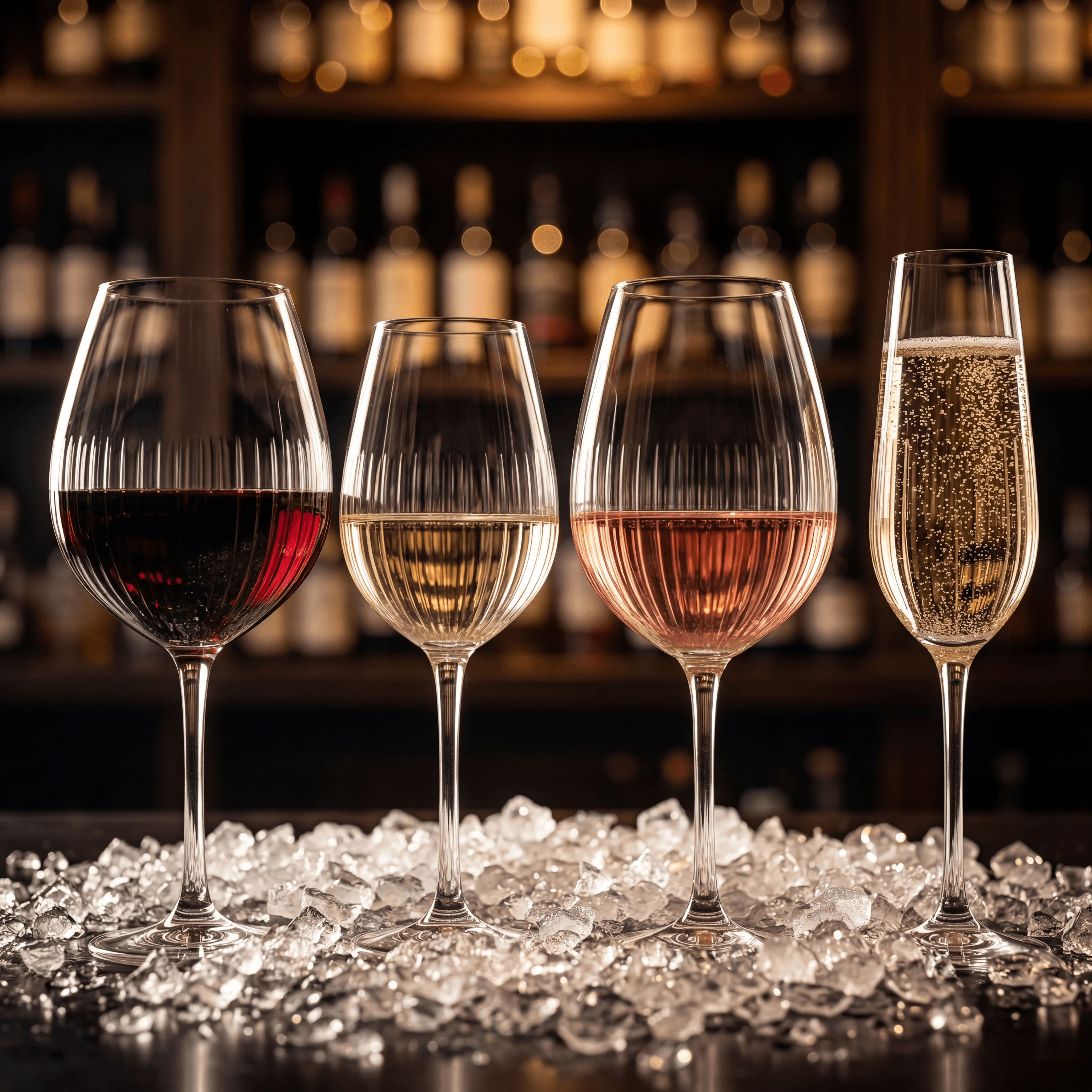 Grid perbandingan empat gelas wain menunjukkan profil merah, putih, rosé dan Champagne bercahaya belakang di latar gradien studio — fotografi gaya wain
