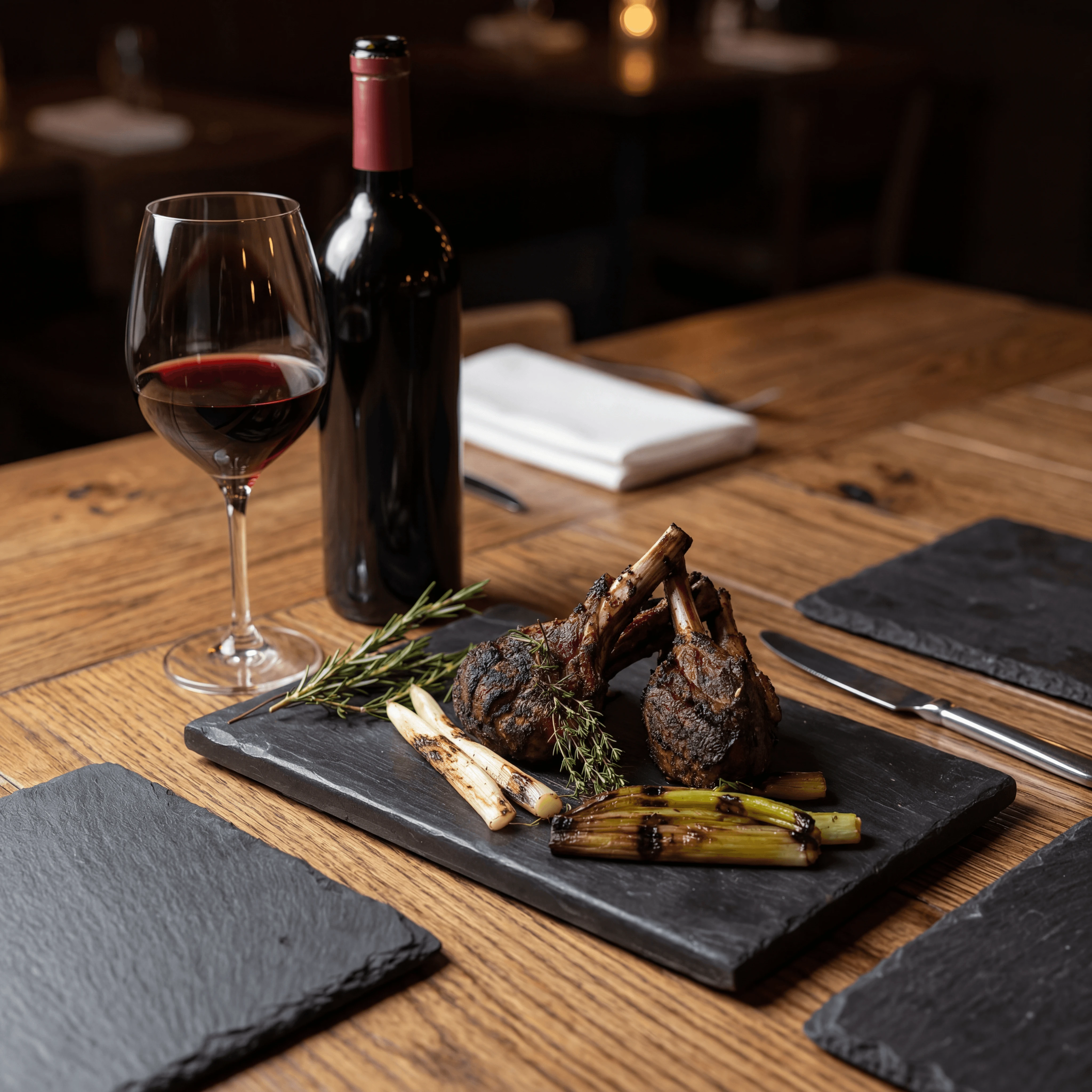Rack of lamb bersalut herba dipotong menjadi chop dengan gelas Rioja Gran Reserva matang di atas batu grafit — fotografi padanan makanan dan wain Sepanyol