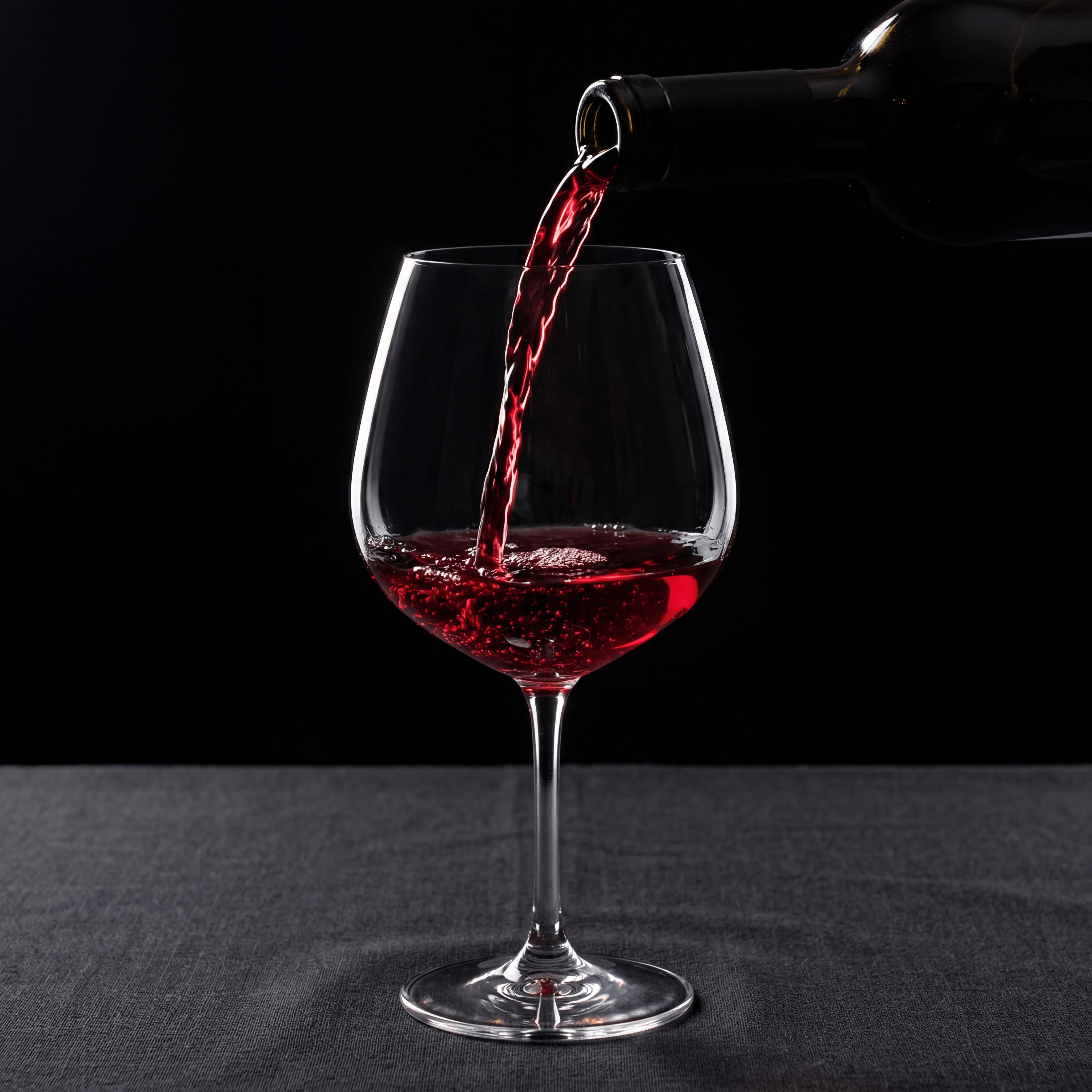 Burgundy Pinot Noir sedang dicurah ke dalam gelas Burgundy kristal tiup tangan dengan ketelusan ruby bercahaya belakang — fotografi wain Perancis