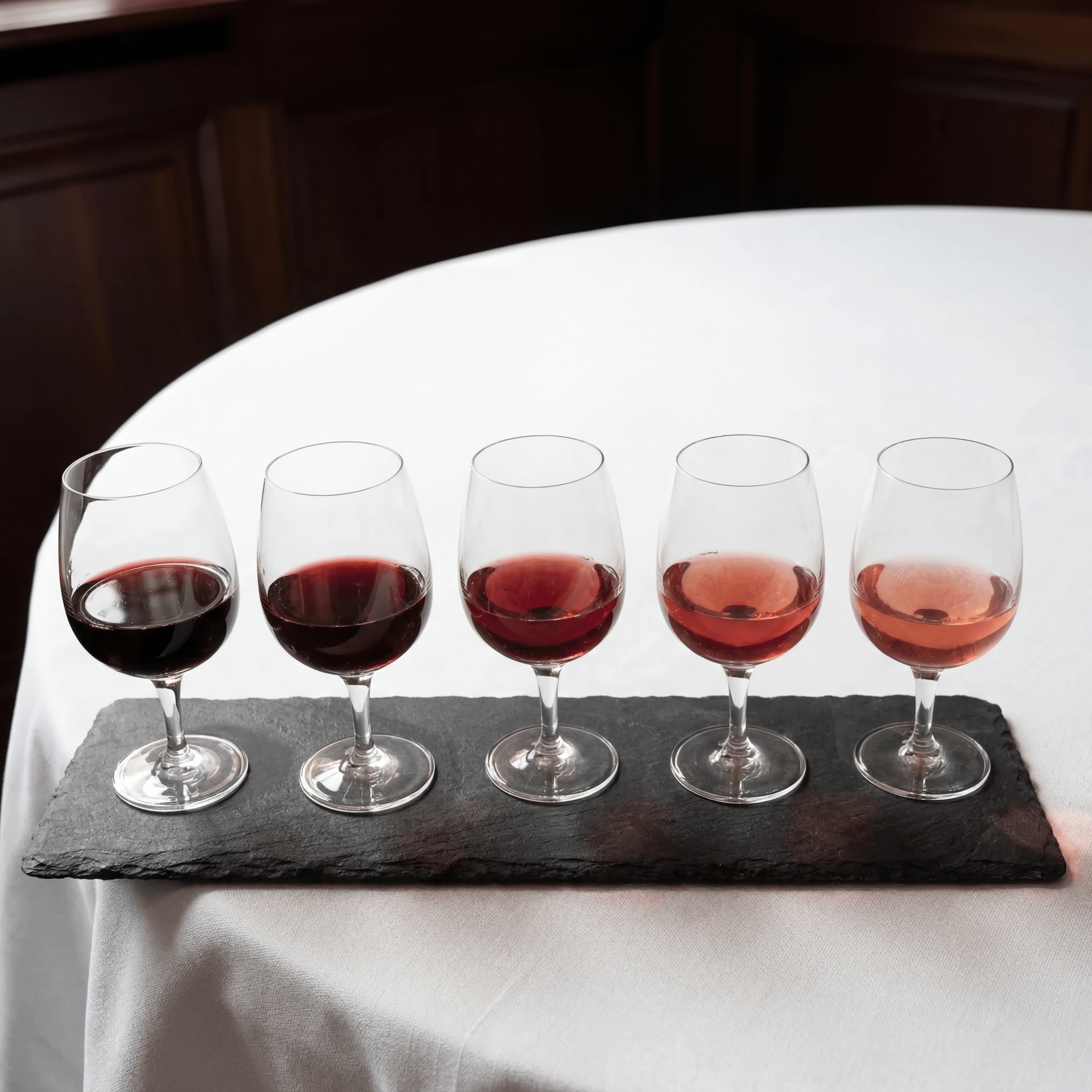 Flight rasa menegak Barolo Nebbiolo merentasi lima vintaj di atas papan batu arang — fotografi flight wain Itali