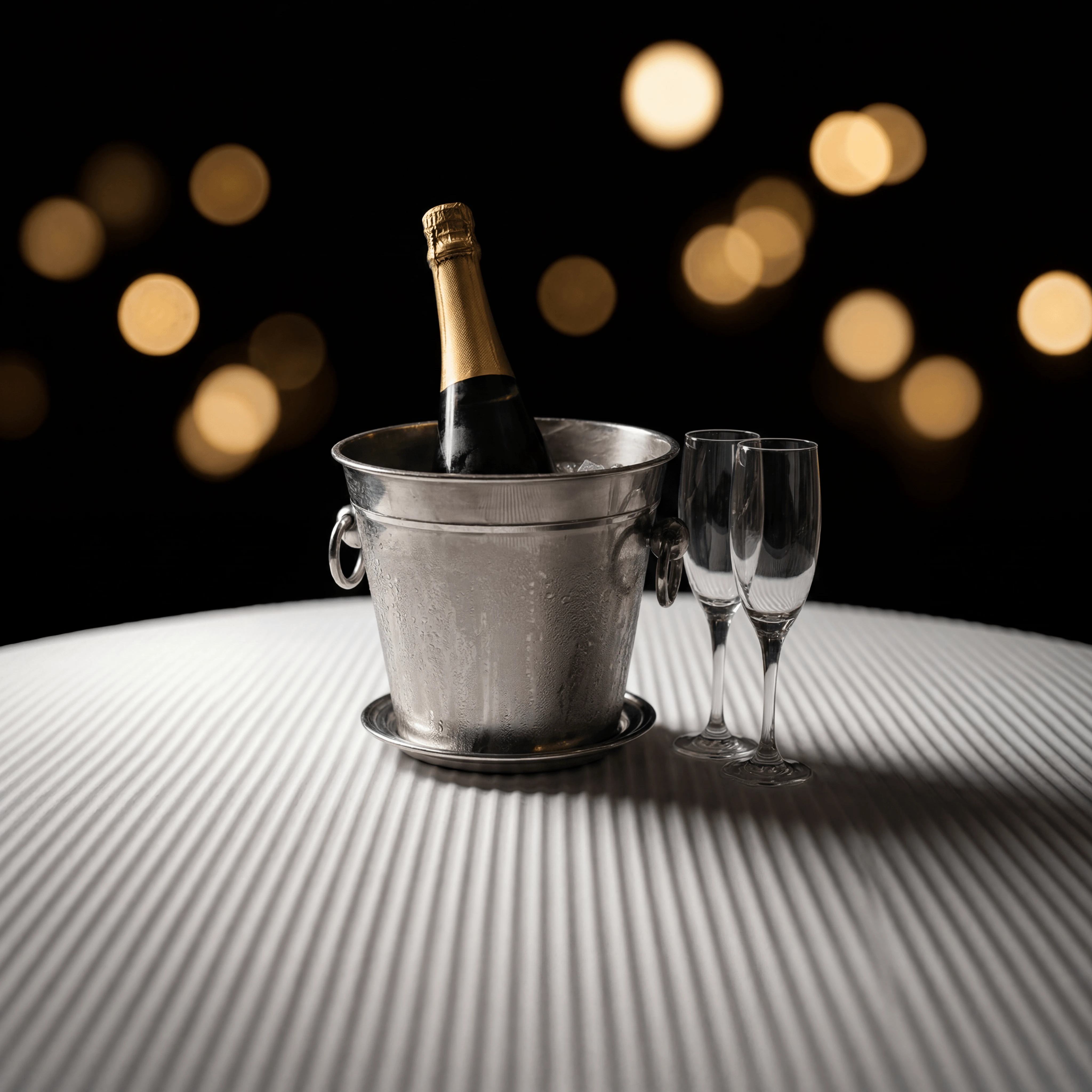 Botol Champagne vintaj menyejuk dalam baldi ais pewter dengan flute kristal berpasangan — fotografi wain berbuih Perancis